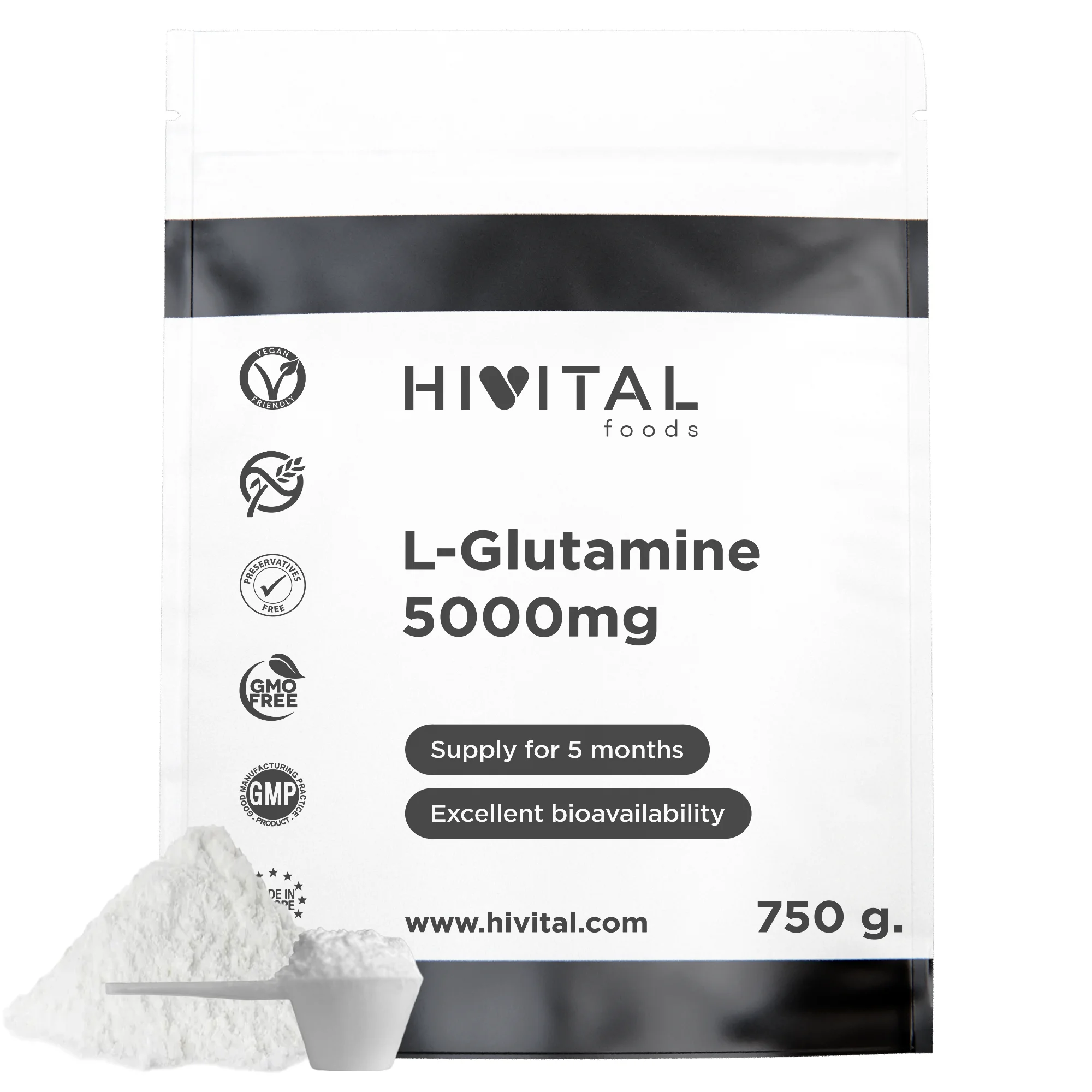 L-Glutamina 5000 mg | 750 gramos de polvo vegano