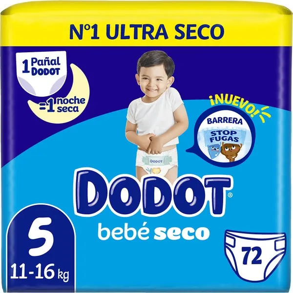 Dodot Bebé-Seco Pañales Talla 5, Pañales, 11kg-16kg, Dodot Bebé Seco Que Garantizan Hasta 12 Horas Seco