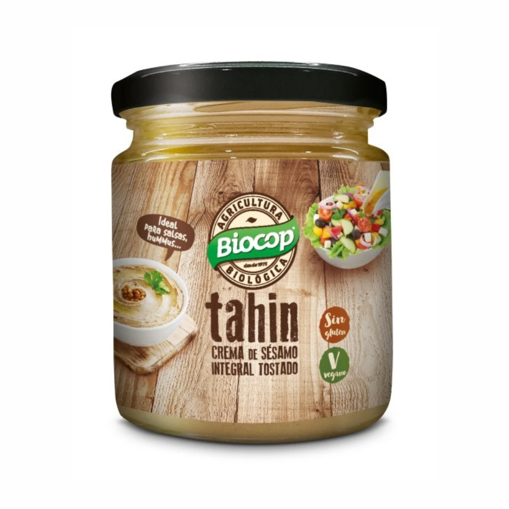 Tahín integral tostado sin sal 225g | Sabor delicado | Calcio, hierro, magnesio y selenio | Sin gluten | Vegana | Biocop
