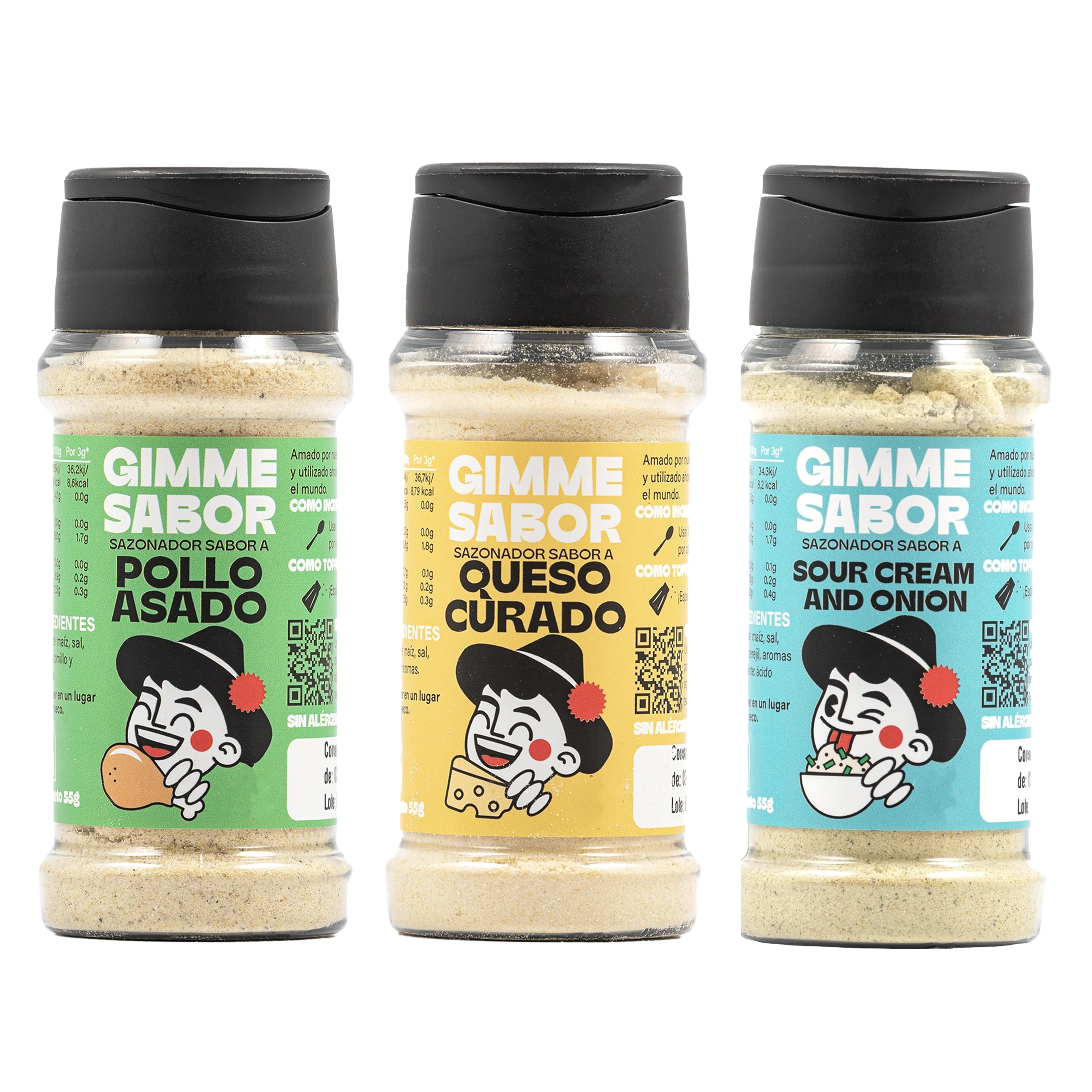 Pack Top Ventas Gimme Sabor – Sazonadores Vegetales Queso Curado, Pollo Asado y Sour Cream & Onion | 3 x 55g