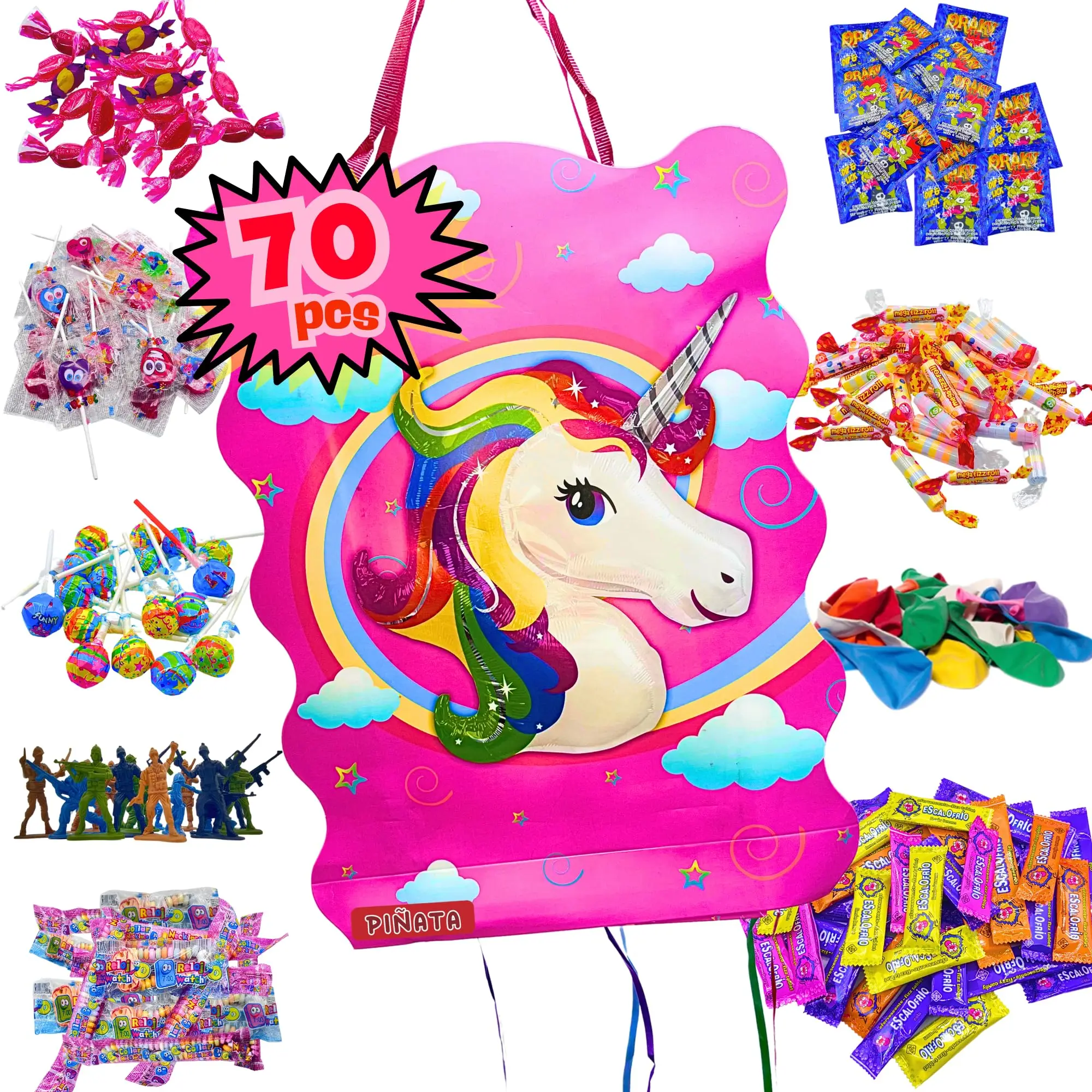 Piñata Cumpleaños Infantil - Piñata + Pack 70 chuches y juguetes de Relleno Piñata - Piñata Cumpleaños - Piñatas Infantiles - Relleno piñatas de cumpleaños infantil - Piñata Unicornio- Piñatas - MANLOZ