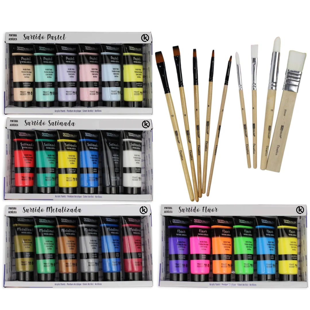 KROWN - Pack acrylic paints 24x75ml-assortment of satin, Pastel, metallized and fluorescent colors + set of 9 brushes. For artistic work and crafts.