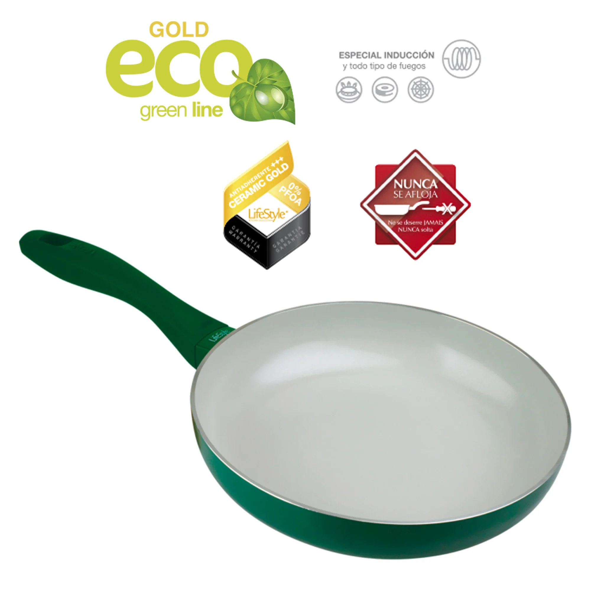 Lifestyle set 2 pans | 22 and 26 cm | Aluminum | Non-stick Gold eco green ceramic | Eco-friendly pan | Valid for induction and all kinds of fires | Free of PFOA and PTFE | Touch silicone handle