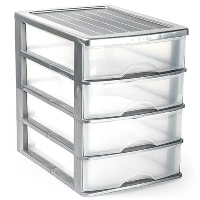 Tradineur - Cajonera de sobremesa - Fabricado en España - 4 Cajones Transparentes - Torre de almacenaje, armario, baño, oficina - 35 x 27 x 35,5 cm - Color Plata