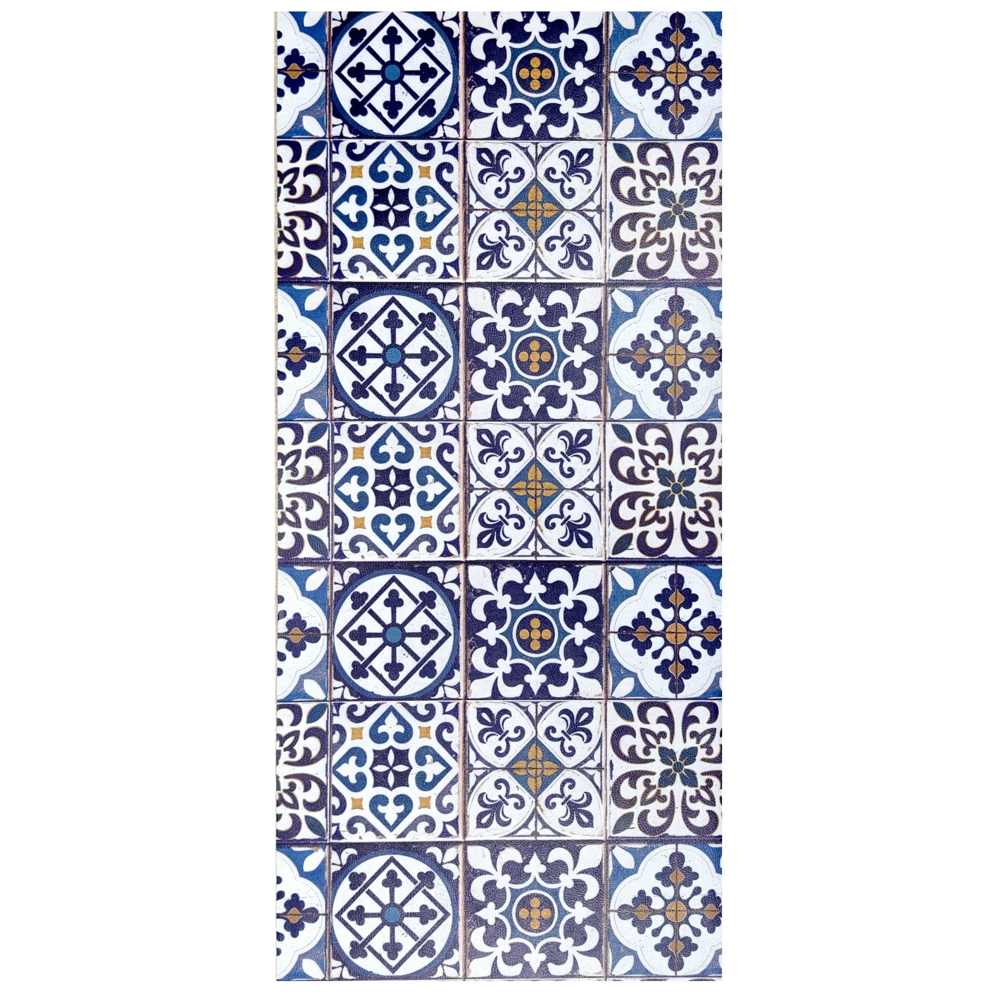 Alfombra vinílica pasillera antideslizante con diseño hidráulico tipo mosaico mediterráneo, en color azul o negro, con base de goma, resistente y fácil de limpiar, ideal para cocina, pasillo o entrada