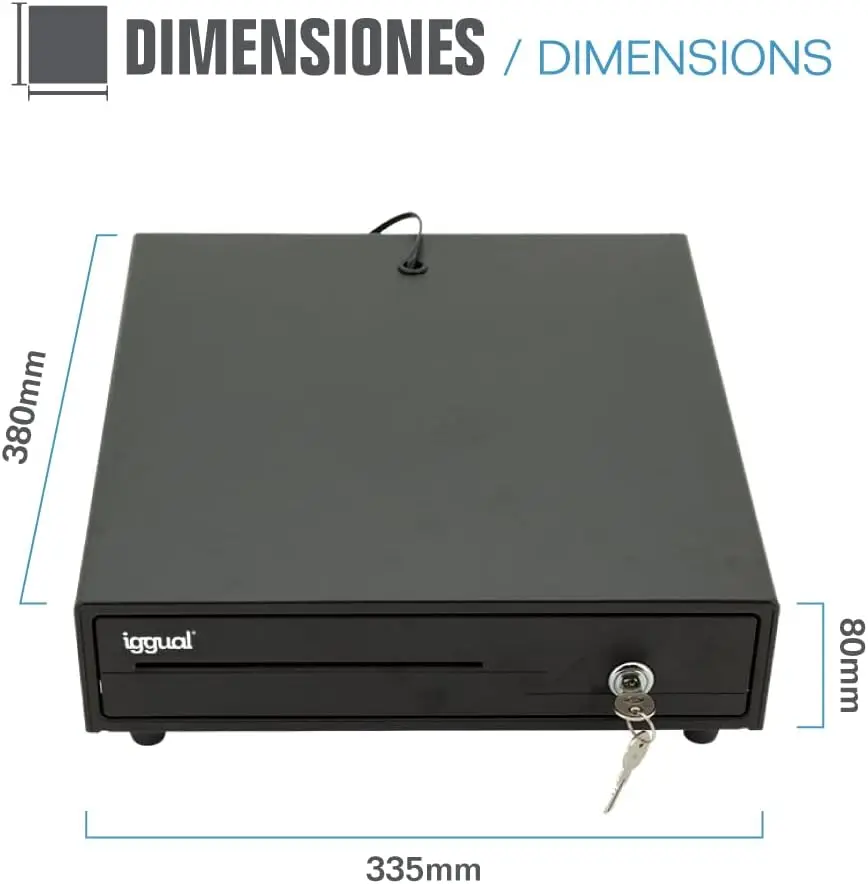 Iggual - Iron-10 Cash Drawer - Cash Register Manual or Automatic Opening, Rj11, Measurements 38 X 33.5 X 8 Cm, 4 + 6 Bill and Coin Cash Compartments, 3 Position Lock, Ideal for Restaurants, Bars, Stores, Businesses - Black