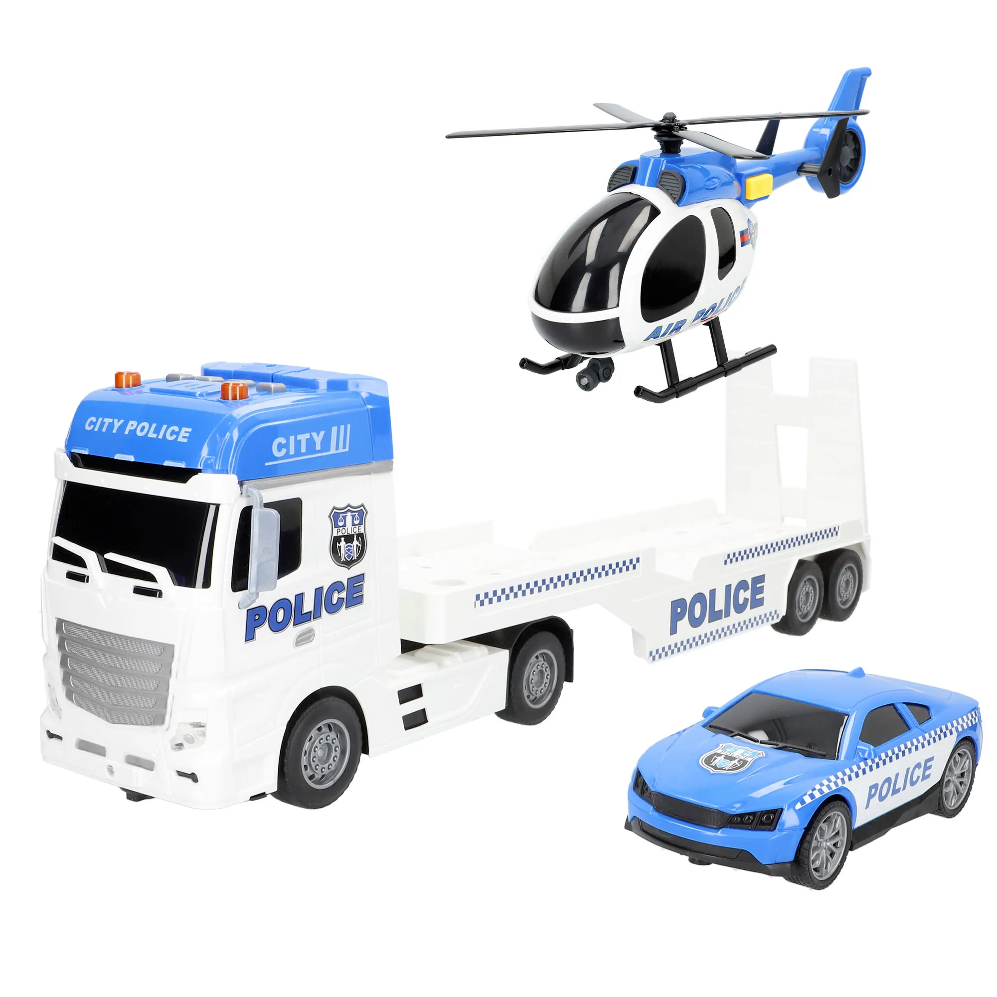 Speed & Go - Camión portavehículos de juguete, incluye coche y helicóptero, con luces y sonidos, rampa manual, sistema de fricción, escala 1:12, juego interactivo, coches para niños a partir de 3 años