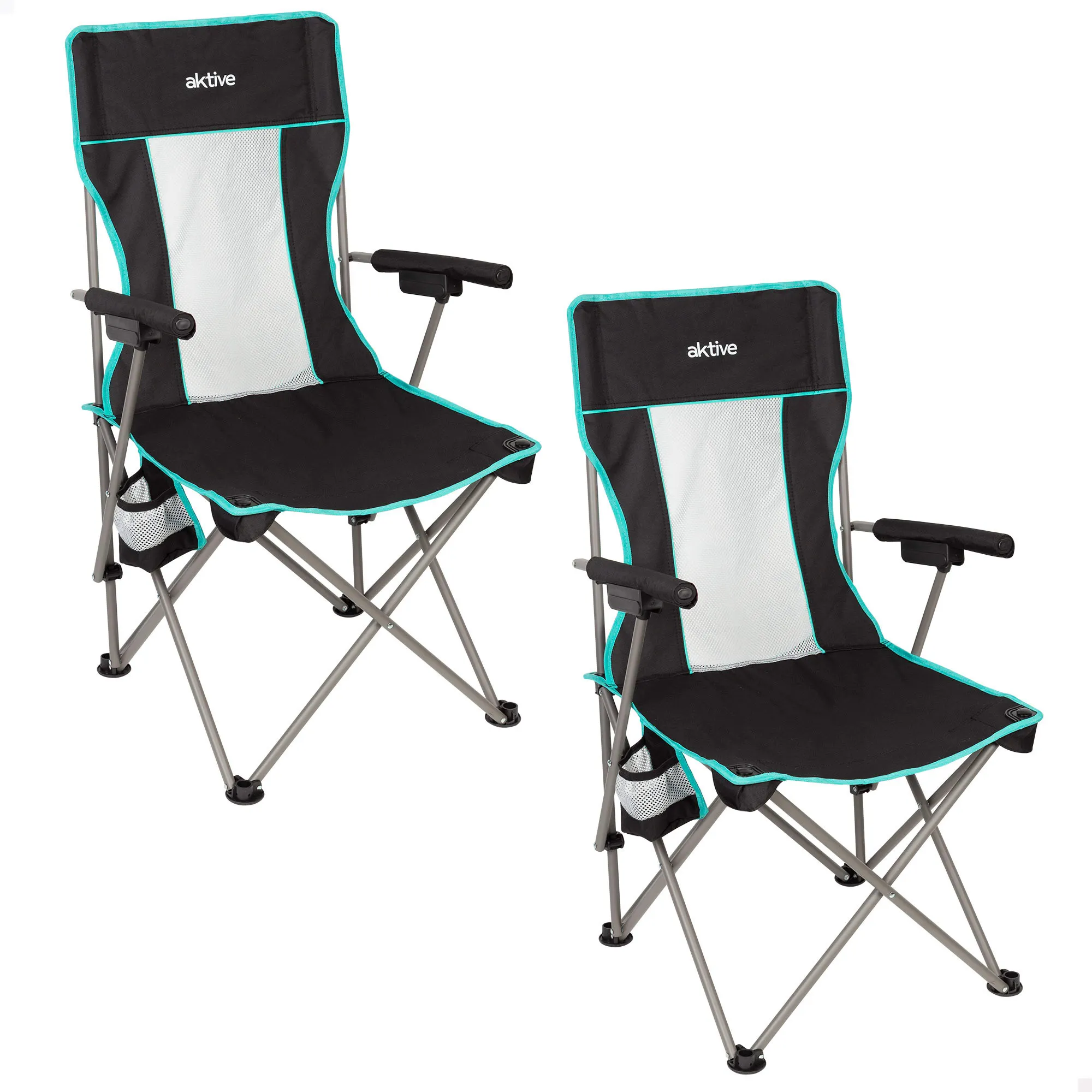 Aktive - Pack 2 sillas de camping deluxe, respaldo de rejilla transpirable, estructura de acero, posavasos lateral, ligeras y resistentes, con bolsa de transporte