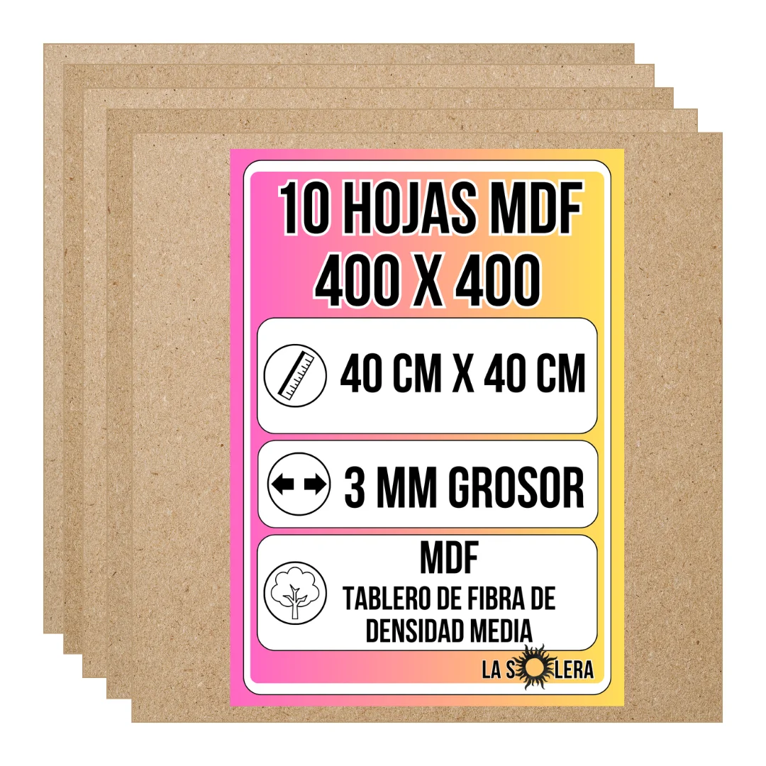 LA SOLERA | Pack de 10 hojas MDF 40x40 cm – 3 mm grosor, ideales para corte láser, manualidades, CNC, modelado, calado, bricolaje y proyectos de decoración y diseño DIY