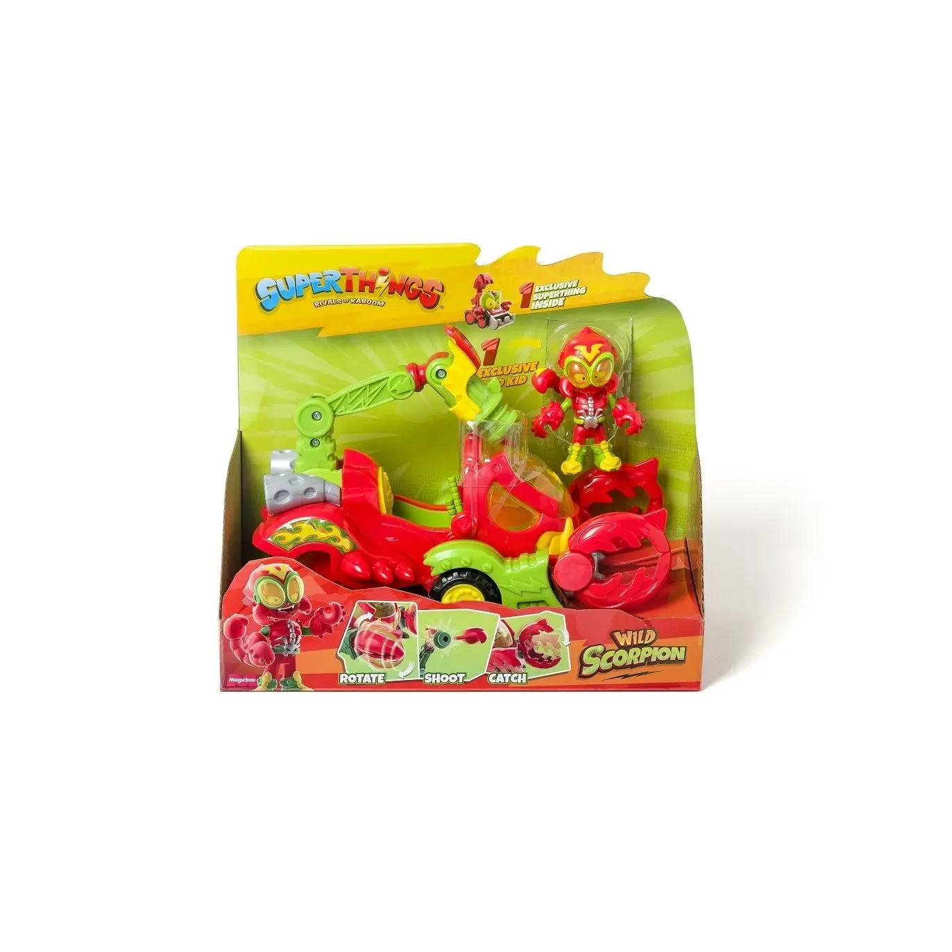 Vehículo escorpión de los SuperThings. Incluye 1 Wild Kid y 1 Wild SuperThing Villano exclusivos. con Disparador y Pinzas de escorpión para atrapar a los héroes