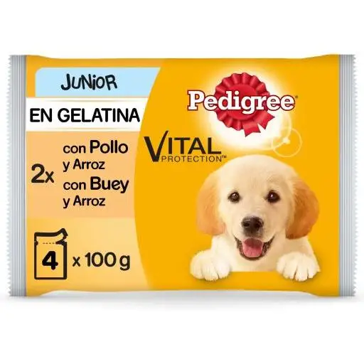 Pedigree Comida Húmeda Multipack Junior de Pollo y Buey con Arroz en Gelatina - 4x100 gr