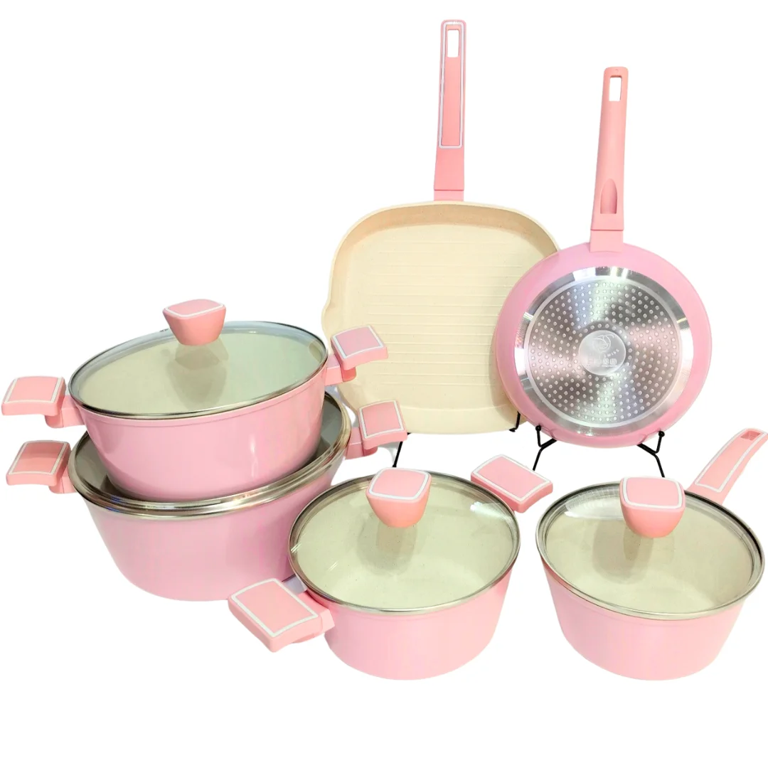 Batería de Cocina Rosa de 10 Piezas en Aluminio Forjado – Antiadherente, Apta para Inducción - cacerola de 20/24/28cm con tapa - sartén grill 28 cm - sartén 24 cm - 1 Cazo 18cm