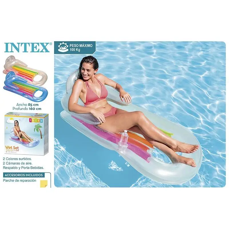 Intex- Colchoneta sillon bronceador, blanco y azul, 160x85 cm comodo, ligero, manejable, Seguro y práctico maximo 80kg incluye kit de parche reparacion gran calidad oficial garantizado ideal para