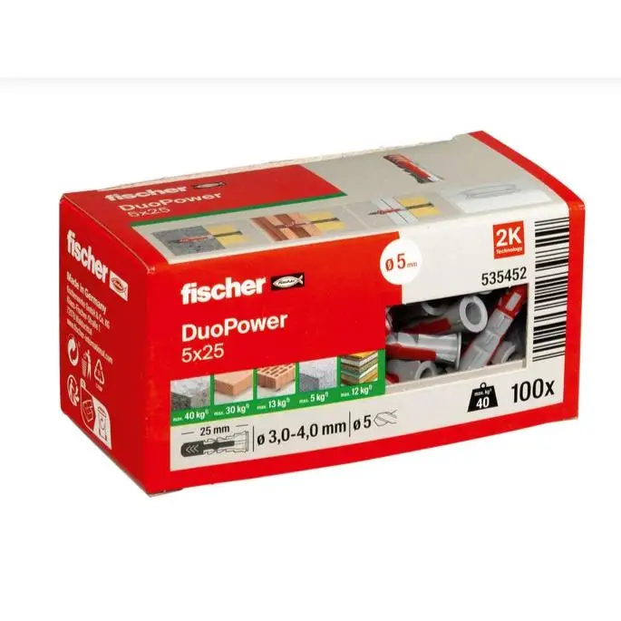 Fischer Duopower 5x25 professional 535452 100-piece box-smart universal cue for fixings in various building materials and medium-high loads. Fischer brand.