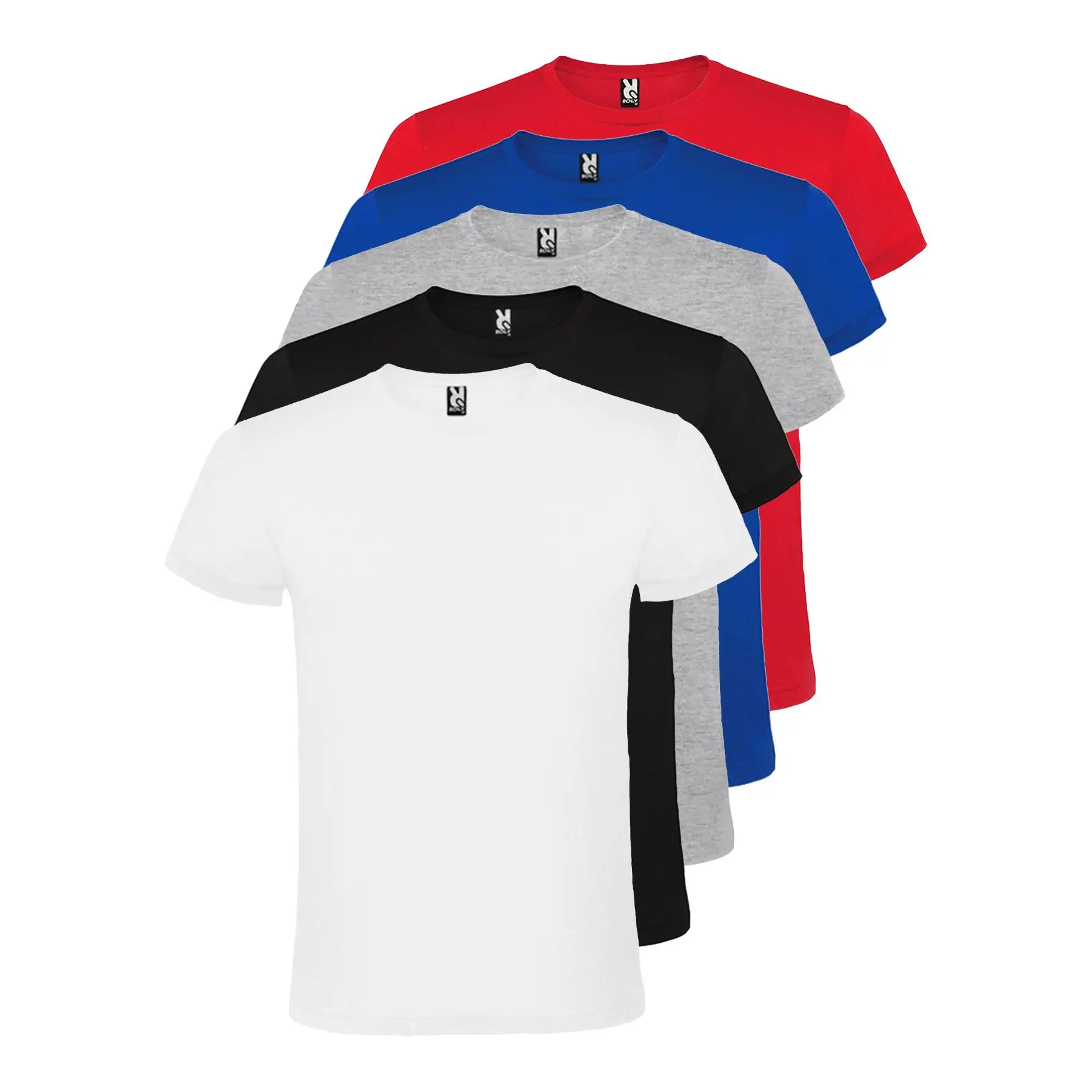 Roly - Pack de 5 Camisetas de manga corta Atomic (Entrega en 48 horas) – Varias Tallas – Varios Colores – 100% algodón, cuello redondo doble, costuras reforzadas, tejido tubular, camiseta básica, camiseta unisex, camiseta económica.