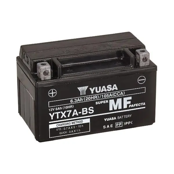 Batería Moto YUASA YTX7A-BS 12V 6.3Ah 105Amp. AGM .  Gama YTX® e YT de alto rendimiento sin mantenimiento. Medidas: Largo: 150 mm. Ancho: 87 mm. Alto: 93 mm.