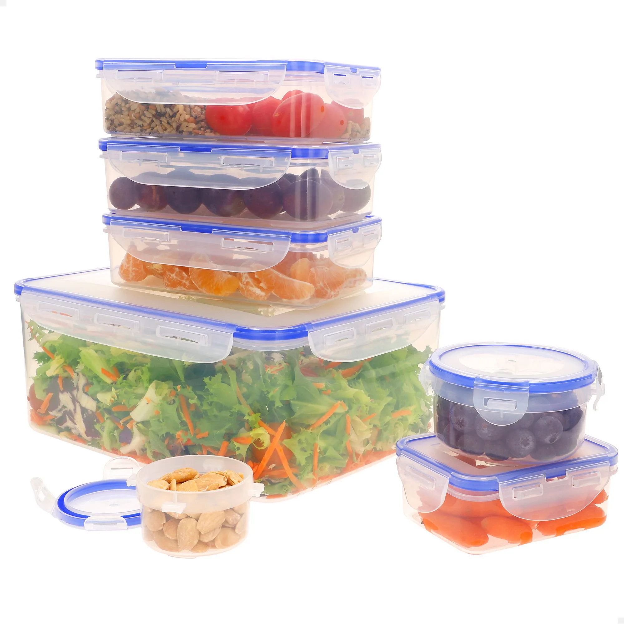 Max Home - Pack 7 recipientes herméticos plástico, tamaños de 0,1L a 5L, cierre hermético, plástico sin BPA, para líquidos y alimentos frescos, apto para congelador y microondas