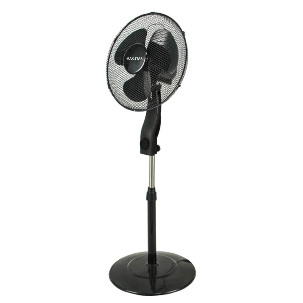 Max Star Ventilador de Pie 40W, Oscilante, Rejilla de Seguridad, 3 Velocidades, Altura Ajustable, 3 Aspas, Diametro 40cm, Base Redonda Estable, Cabezal Inclinable, Negro