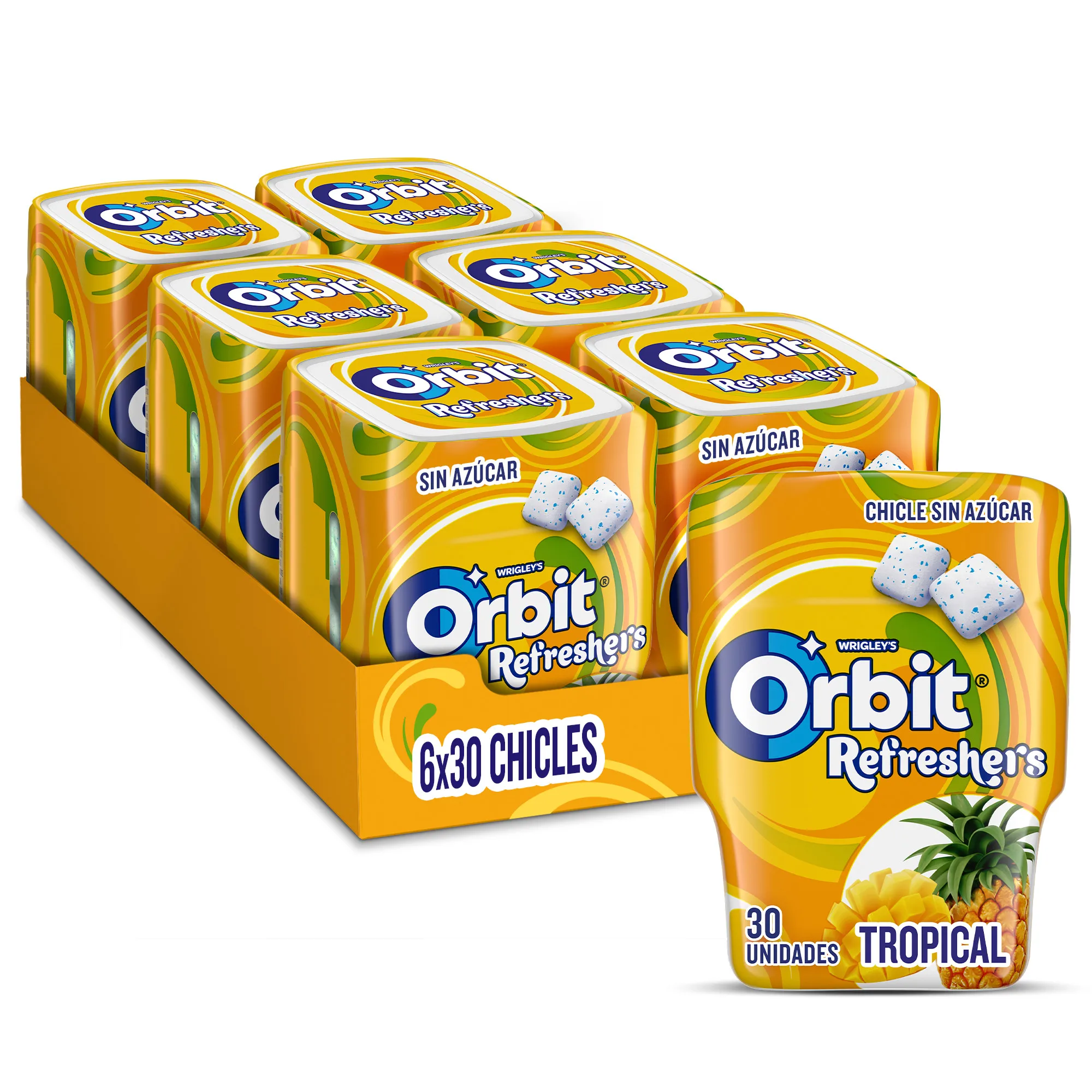 Orbit Refreshers, sugar free gum, Tropical flavor, in Gragea format, 6 cans x 30 units