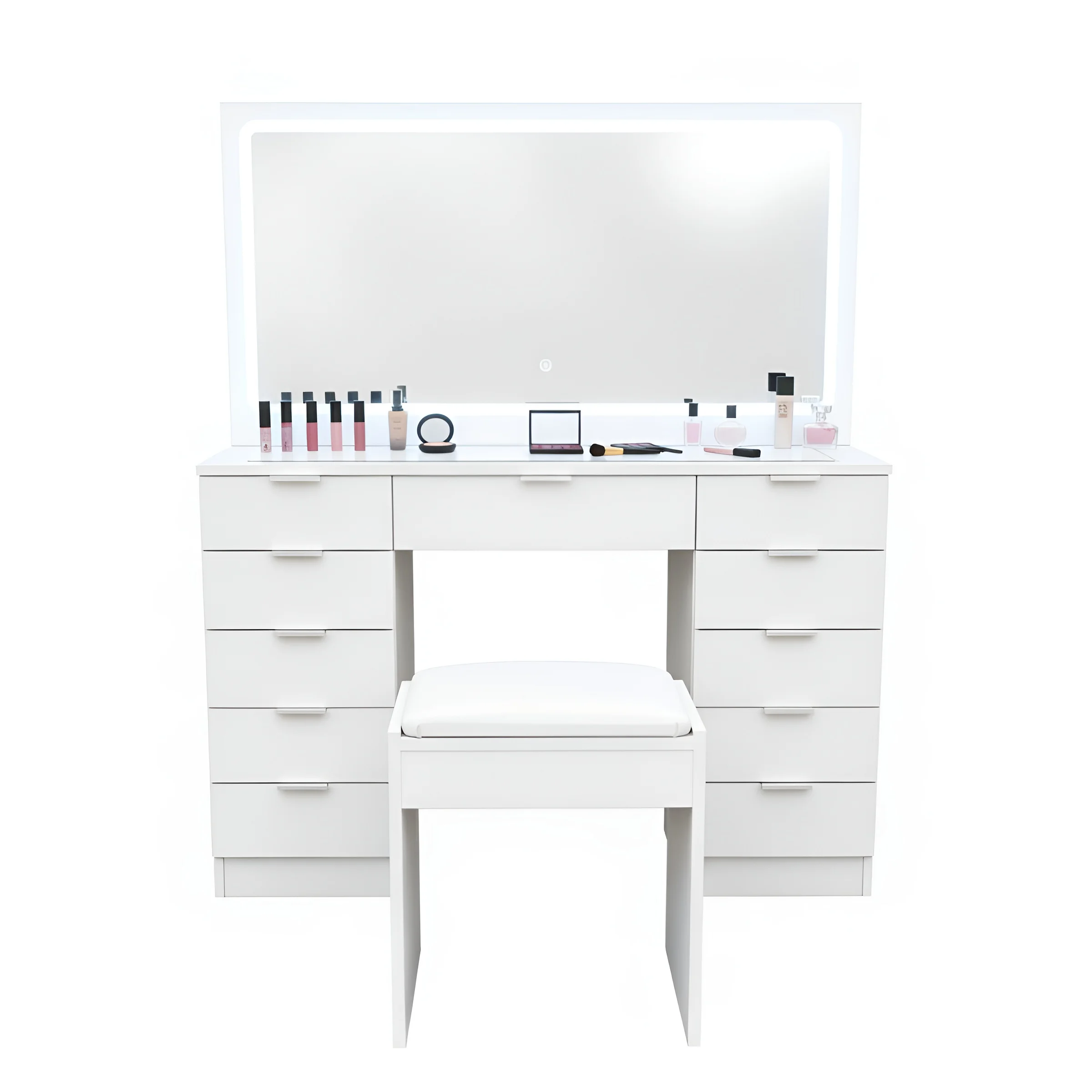 Tocador Maquille con espejo LED 110x40x135 cm | 11 cajones, encimera de cristal templado | Luz regulable en 3 tonos | Taburete acolchado | Sistema antivuelco | Diseño moderno ideal para dormitorio |