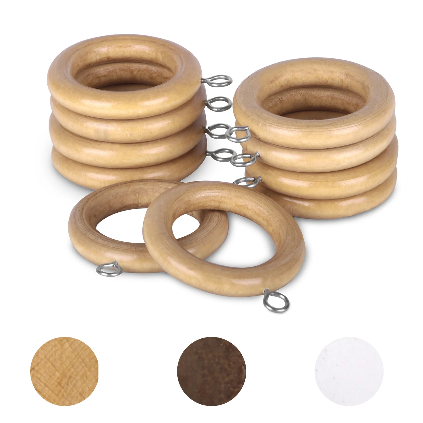 Anillas de Cortina de Madera para ø 28mm con Ojales. con Gancho de Acero Inoxidable, Arandelas para Barra de Cortina.