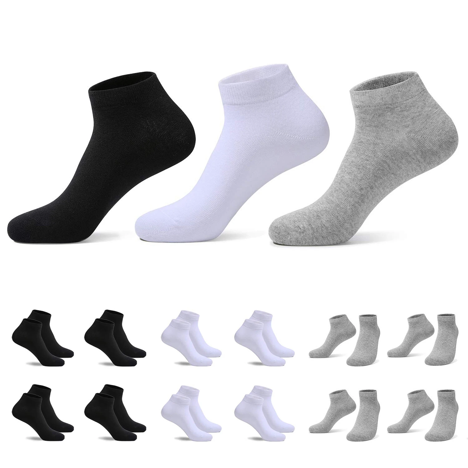 Aicasa - Calcetines Cortos de Algodón para Hombre y Mujer, Calcetín Blanco Negro, Transpirables para Verano y todo los dia Pack 6-12 Pares Gimnasio/Padel/Deporte/Correr