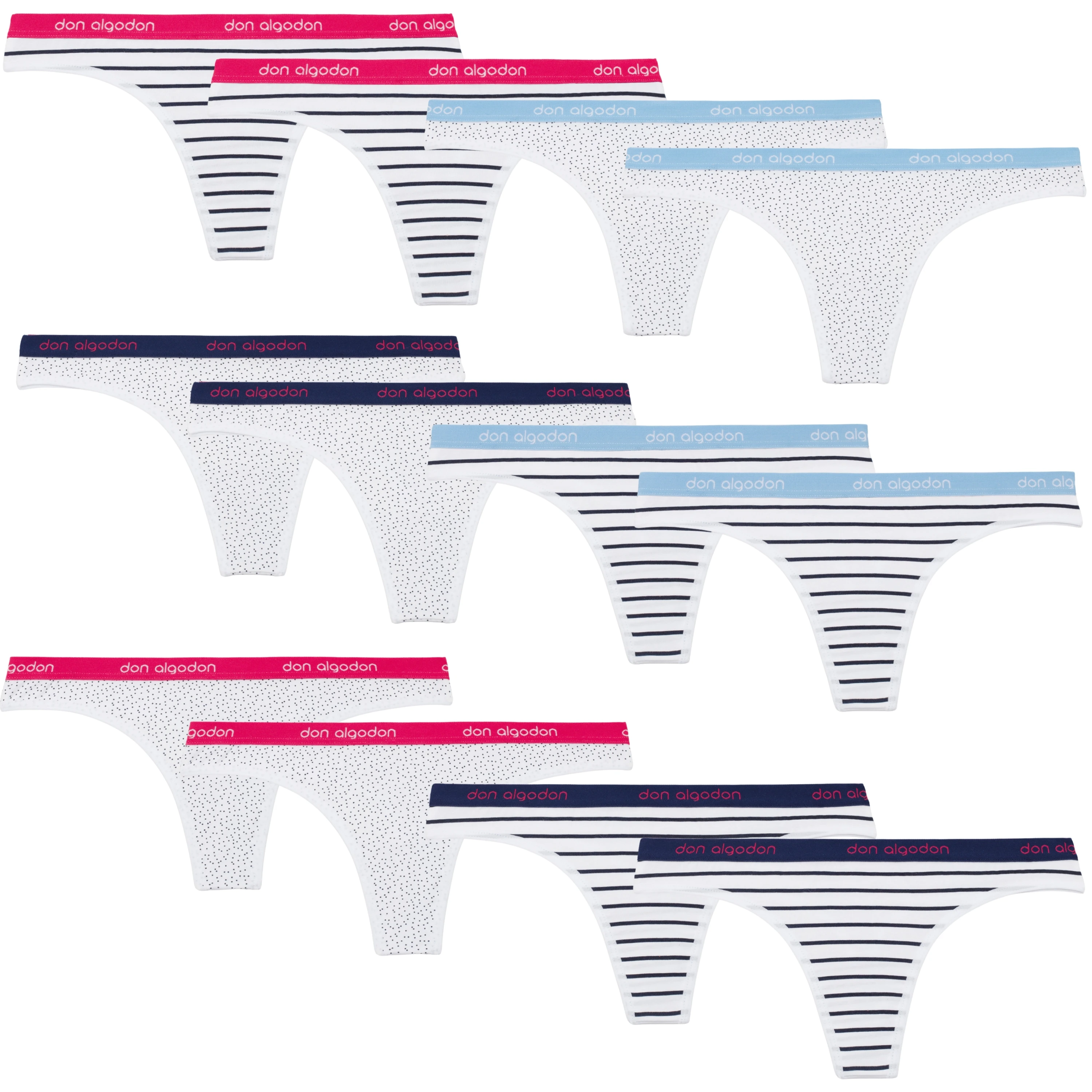 Don Algodon | Pack 12 Tangas para Mujer | Algodón Suaves y Cómodas | 2 Unidades por Color |
