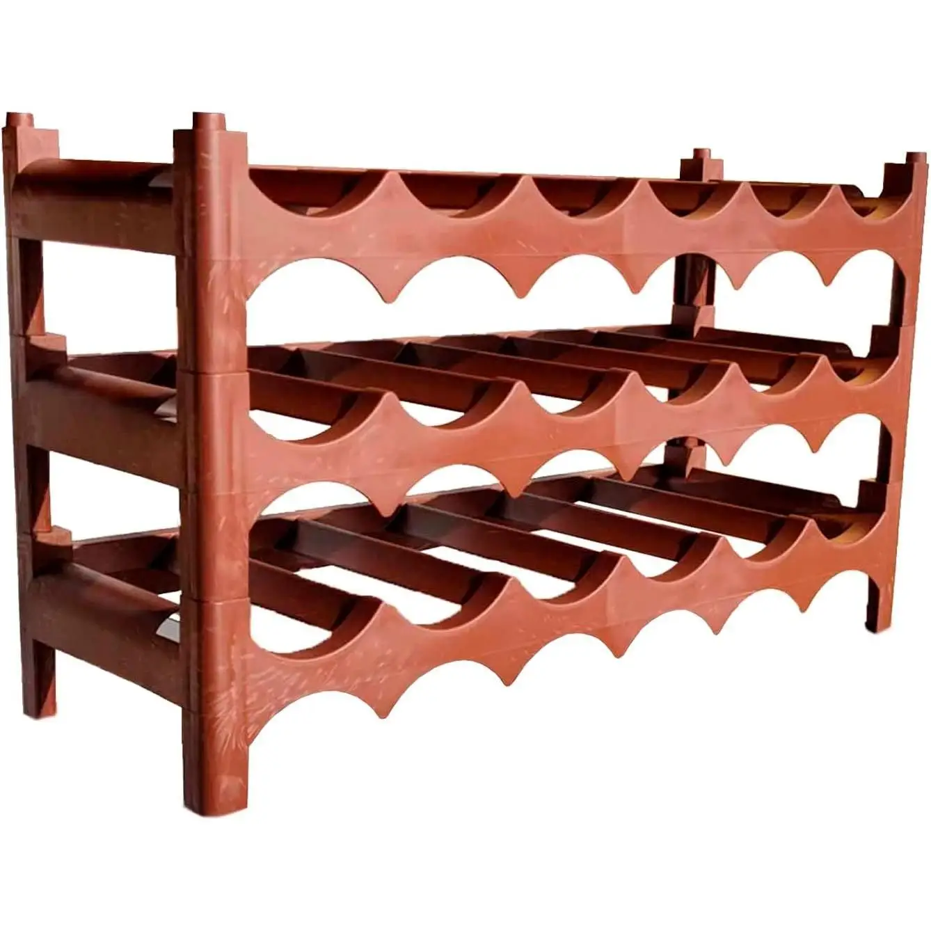 Tradineur - Botellero de plástico apilable - 3 Baldas - Capacidad para 18 Botellas - Ideal para el Almacenamiento de Botellas - Color Marrón