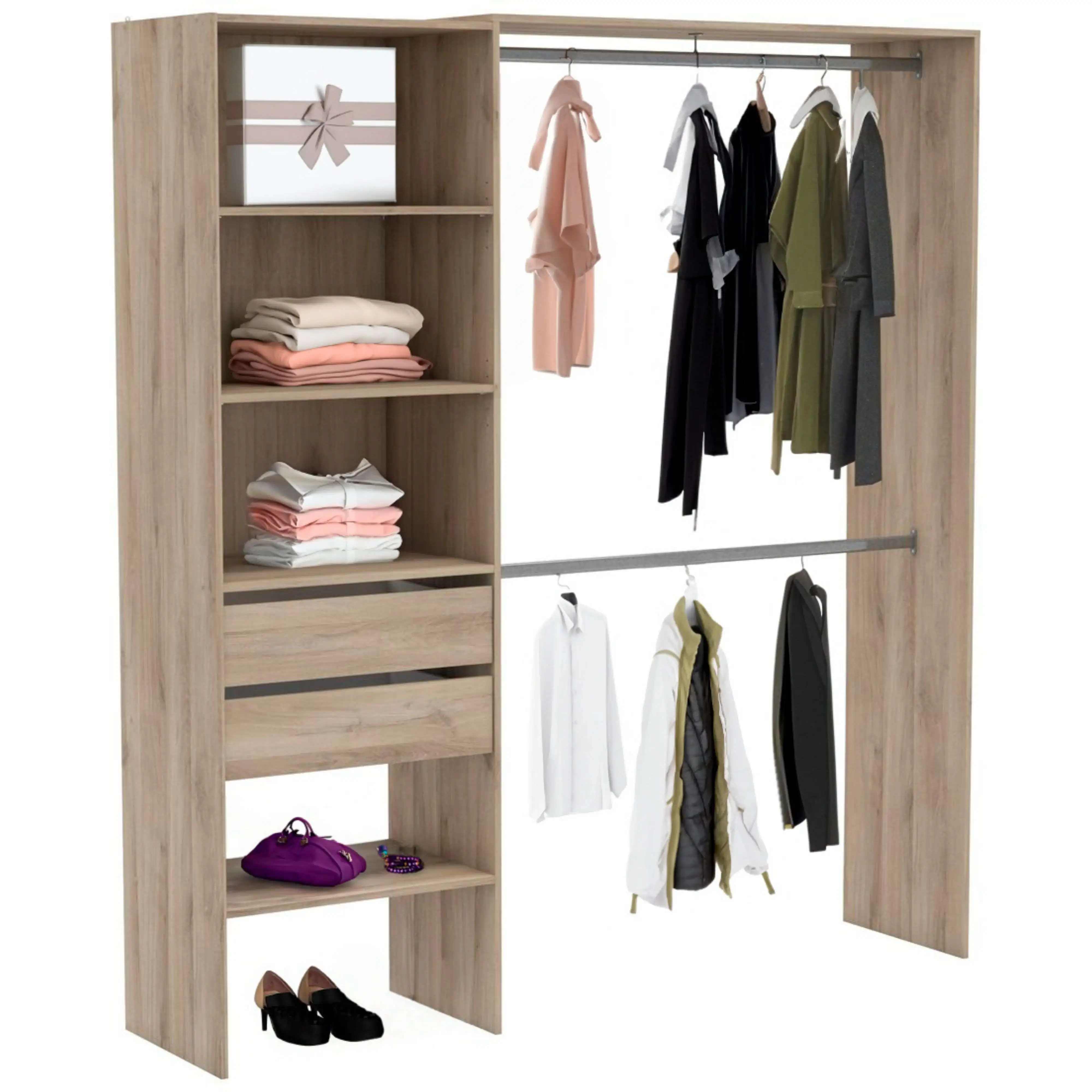 Miroytengo Armario 2 Barras colgadoras Columna con 4 estantes y 2 cajones habitacion Dormitorio vestidor 205x185x44 cm