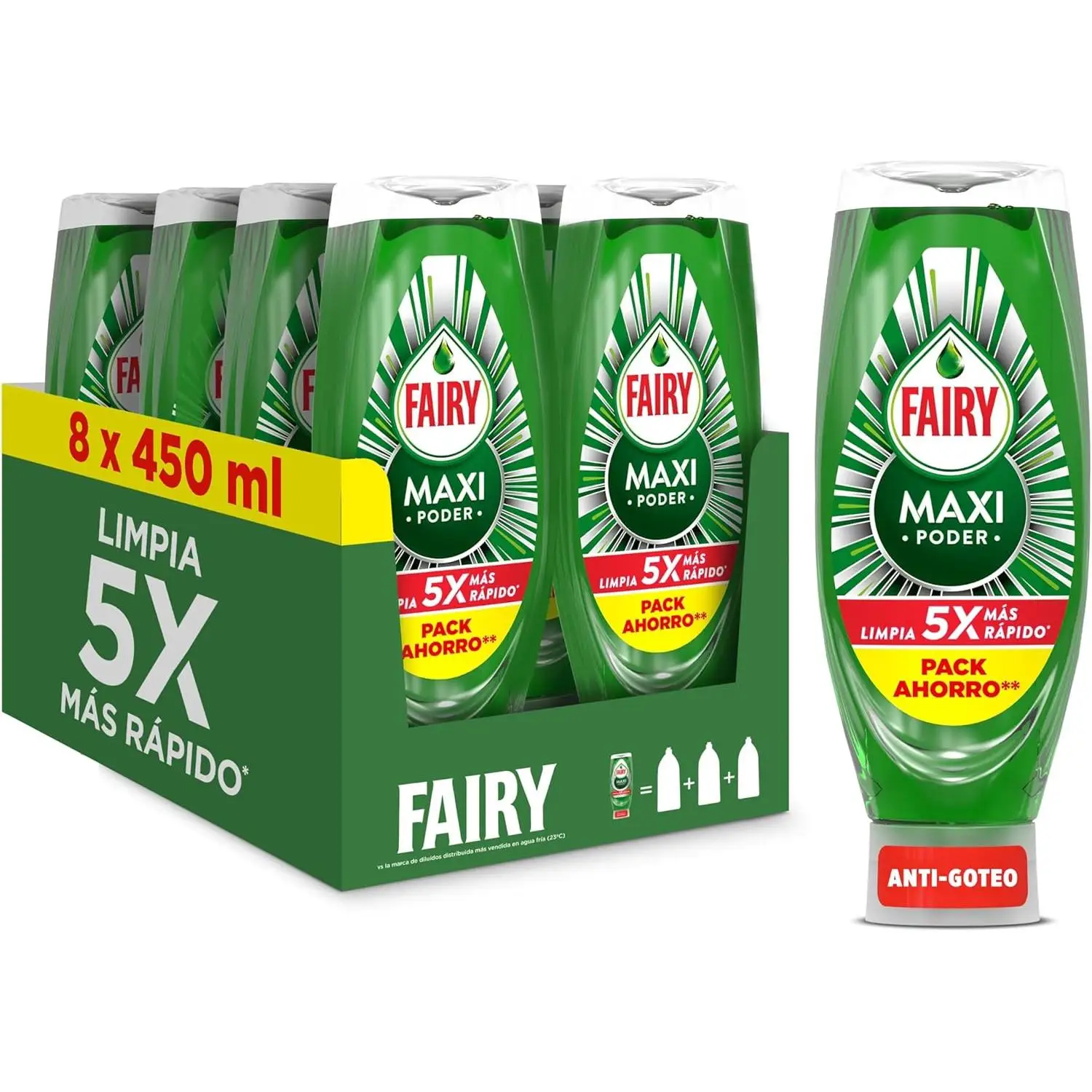 Fairy Maxi Poder Lavavajillas Liquido a Mano - PACK 8 Botellas de 450 ml - Fairy con Poder Antigrasa, Limpieza Facil Platos, Ollas Y Sartenes Mas Grasientas