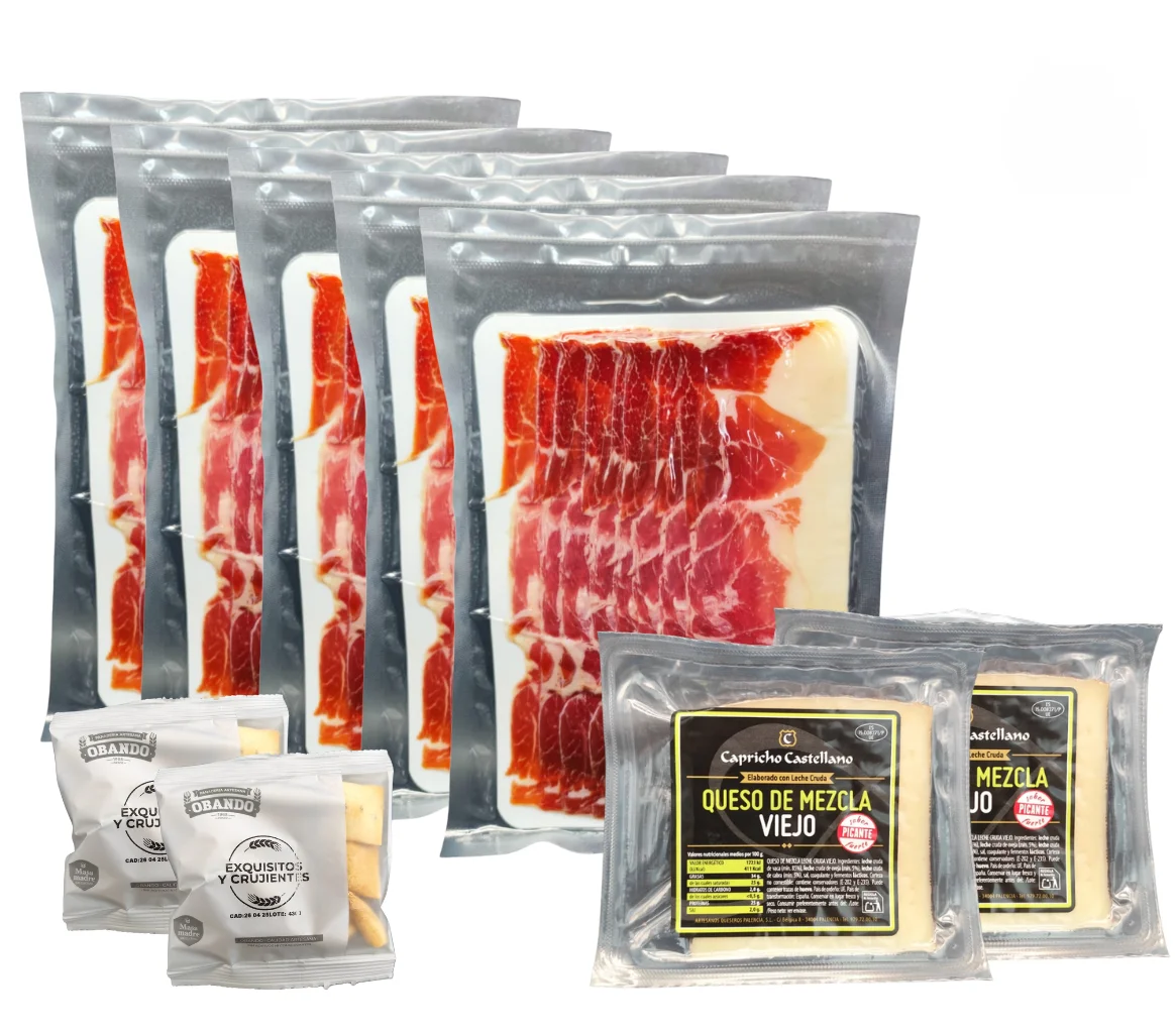 Lote 10 sobres Paleta de cebo ibérica 50% 80gr raza ibérica, 2 cuñas de queso mezcla 1963 200gr y regalo piquitos