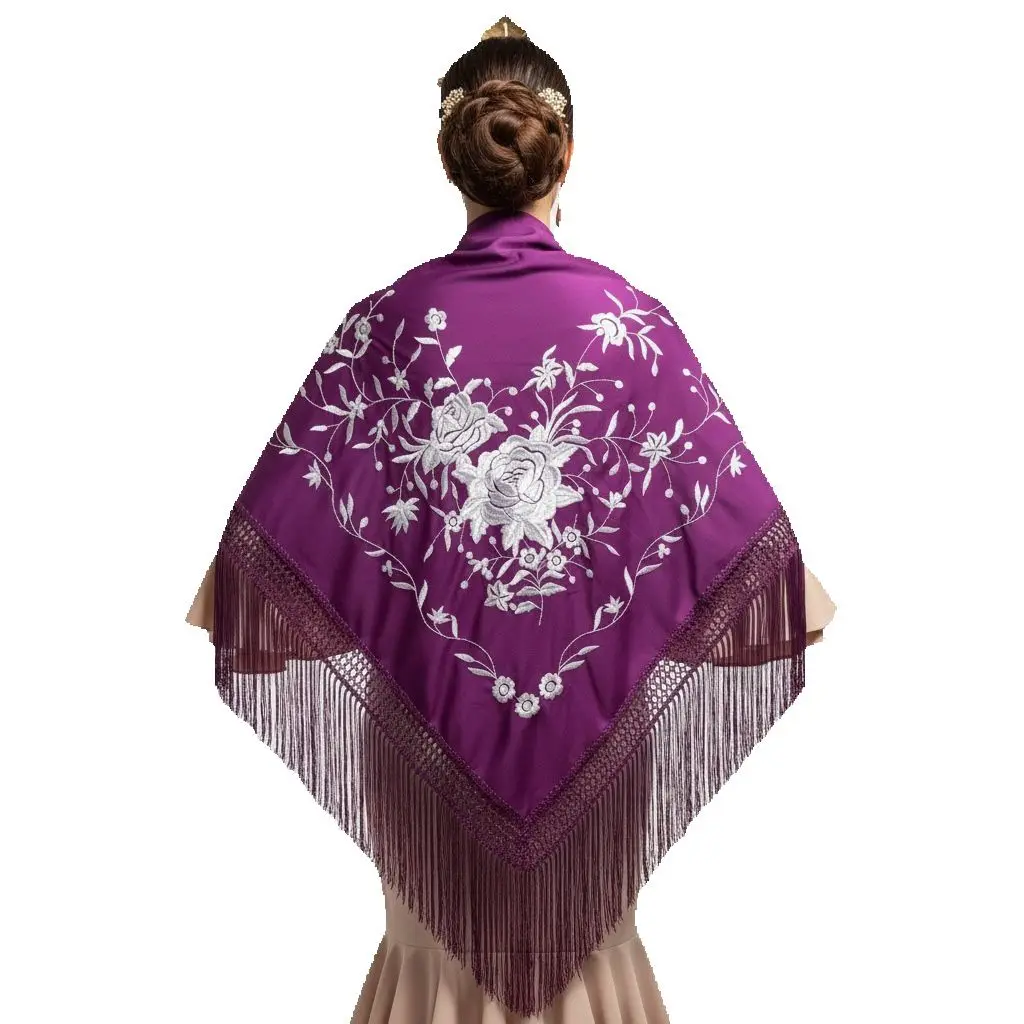 Mantón de Flamenco de Color Berenjena Con Bordado Floral Blanco Esencia Flamenca