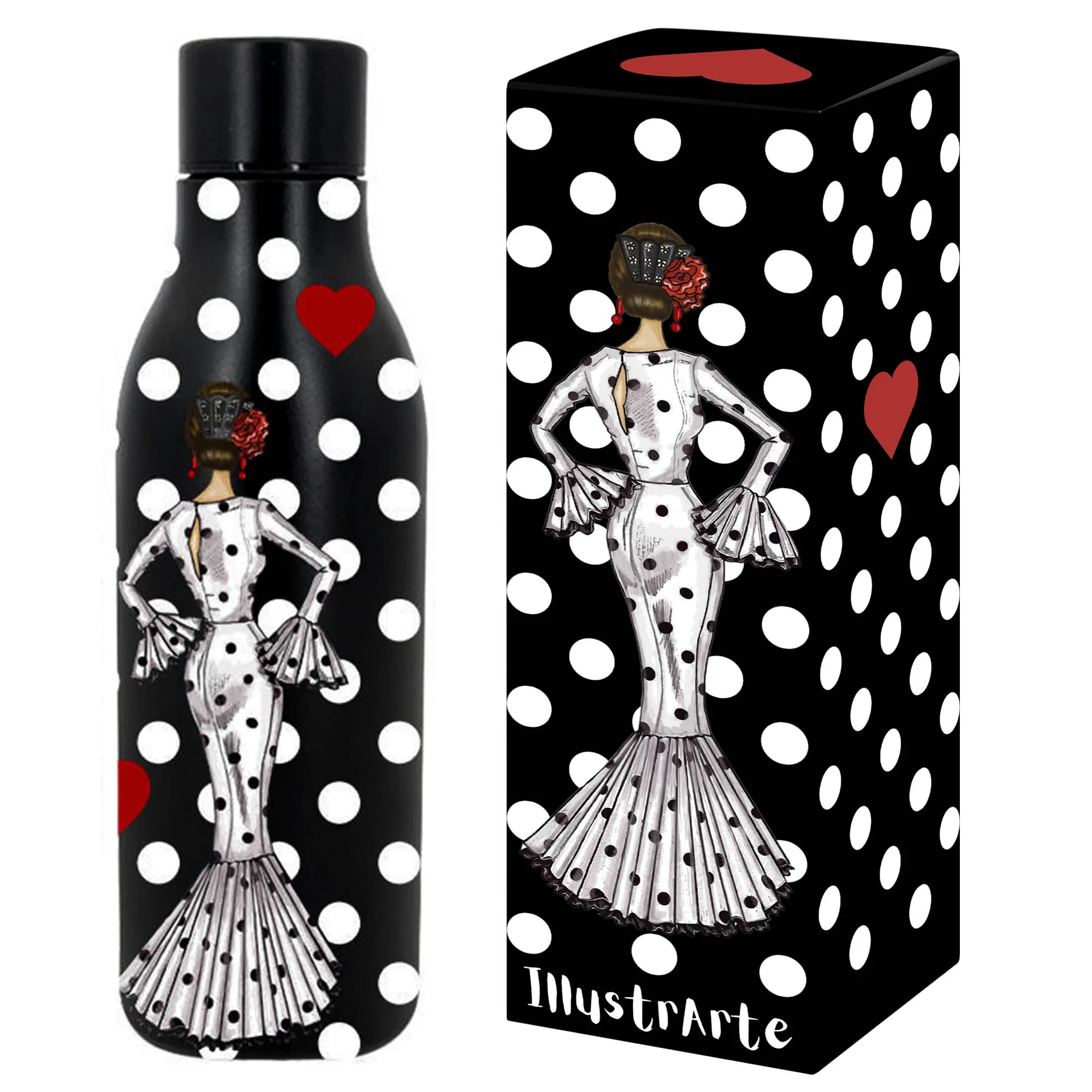 IllustrArte Botella de acero inoxidable 500 ml – modelo María vestido blanco fondo negro – termo reutilizable – diseño flamenco