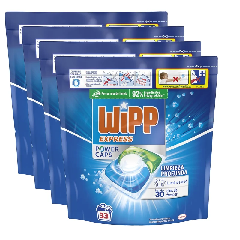 Pack De 3 o 4 Paquetes (99 Lavados o 132 Lavados ) De Wipp Express Power Caps Detergente en Cápsulas para Lavadora, 33 Dosis, Limpieza Profunda, Eficaz en Agua Fría