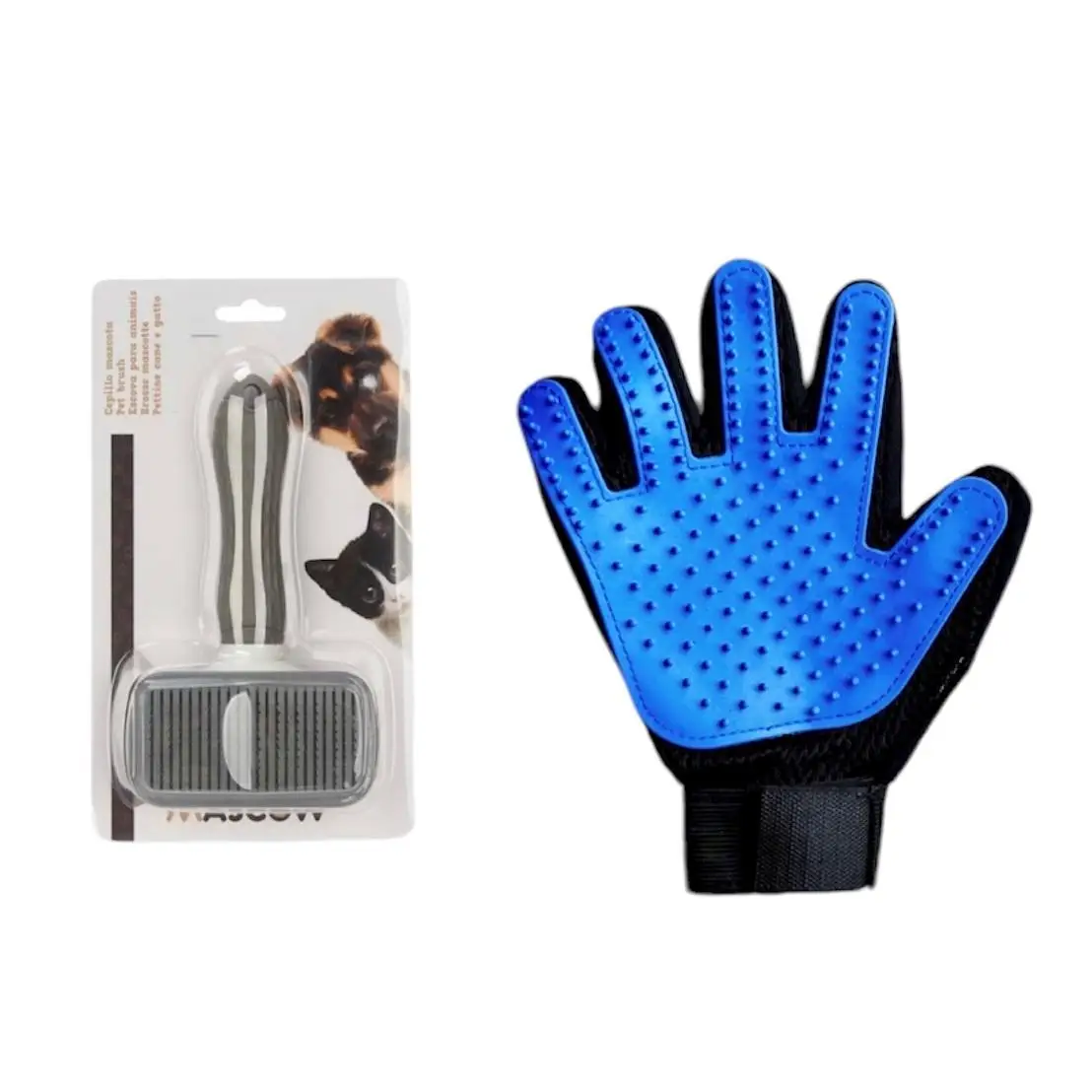 Kit de Cepillo y Guante Quitapelos para Perros y Gatos Mascow – Eliminación de Pelo Muerto para Pelo Corto y Largo, con Cerdas de Acero Inoxidable y Guante de Silicona, Herramienta de Aseo Fácil y