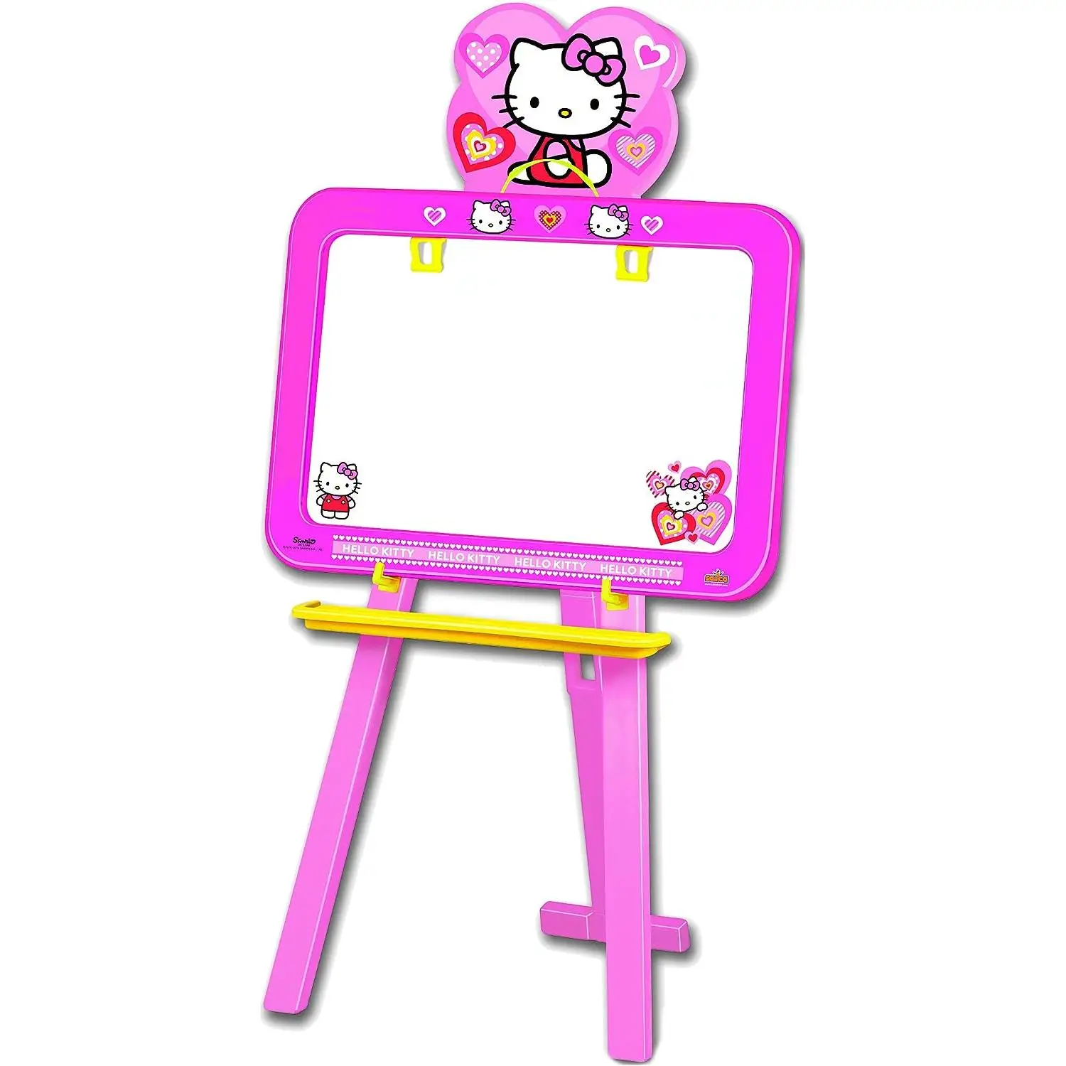 3-legged plastic double-sided children's board with exclusive Hello Kitty designs, in pink (9382-2690) one face to paint with marker and the other with chalk. Shelf for accessories. According to the regulations CE. + 3 years