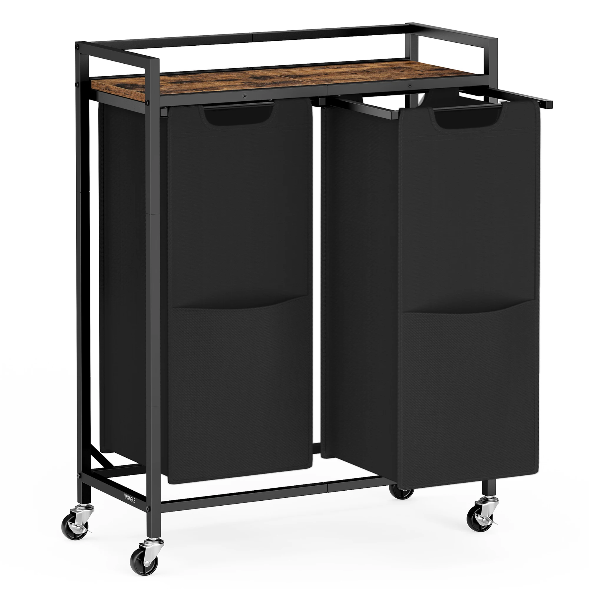 VASAGLE Cesto de Ropa, 110 L, Carrito Organizador con 2 Compartimentos, Ruedas, Bolsas Extraíbles, Bolsillos, Negro Tinta y Marrón Rústico