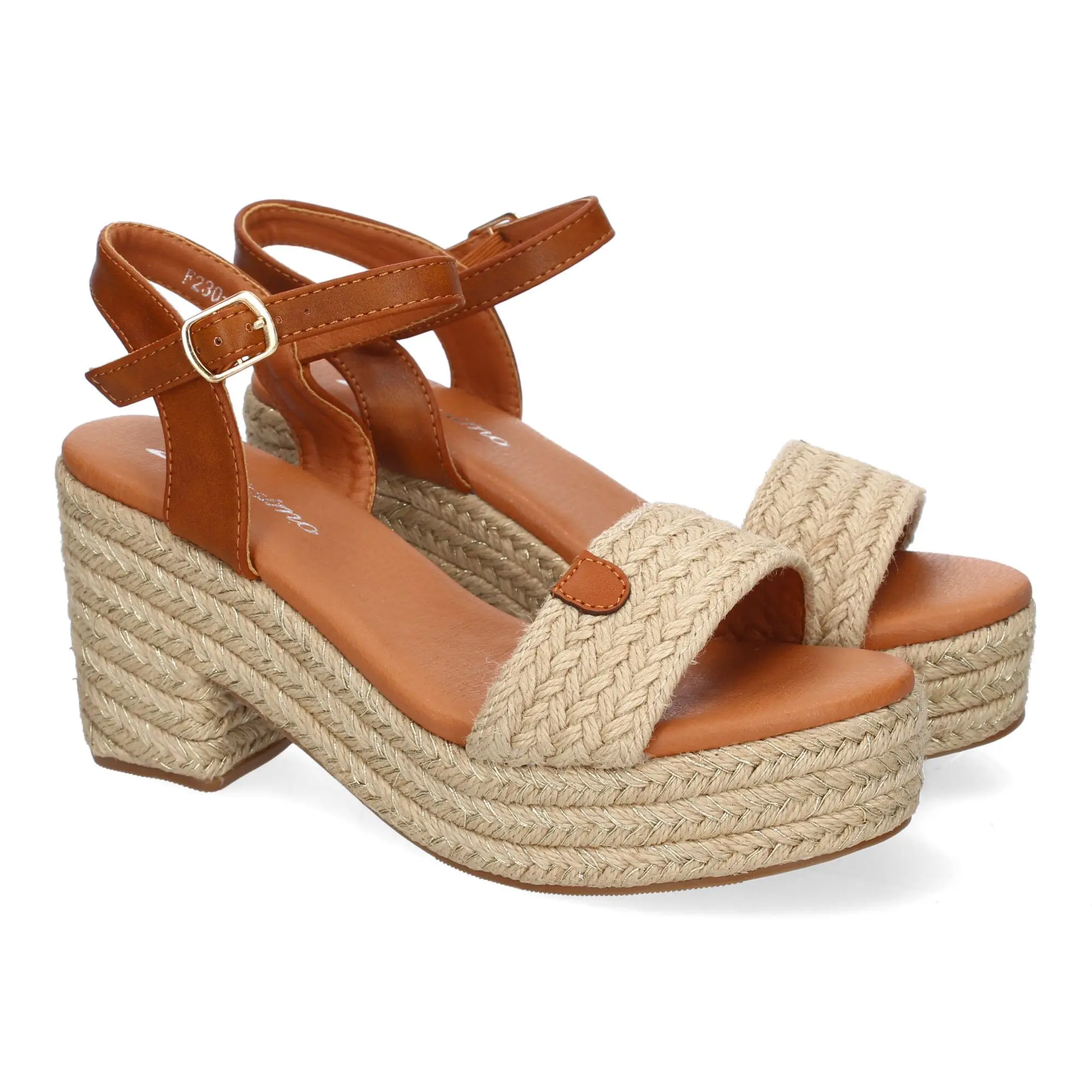 PuntoSalao Sandalias de tacón y plataforma en yute hebilla para mujer color beige F230-13