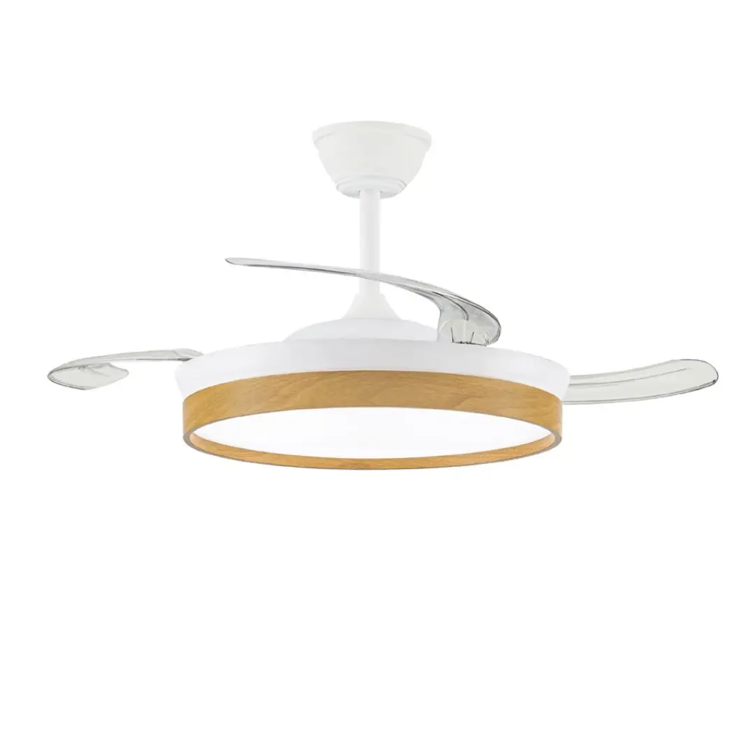 Ventilador de techo led con aspas retráctiles CHAYRA Ø106m. Potencia de luz 45W en color blanco y haya. Selector de tono de luz, regulable en 