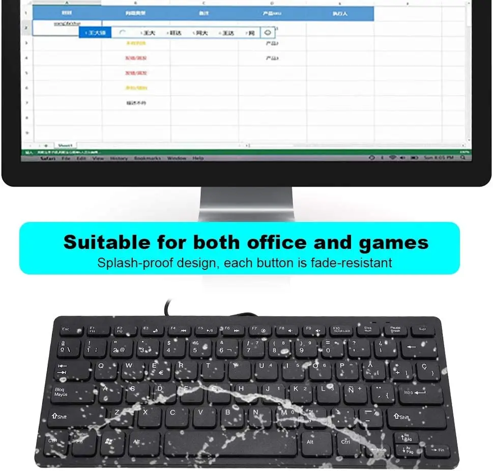 Spanish keyboard with ultra-thin cable, black or black with 78 key usb connection, plug and play, robust and silent portable keyboard for office games