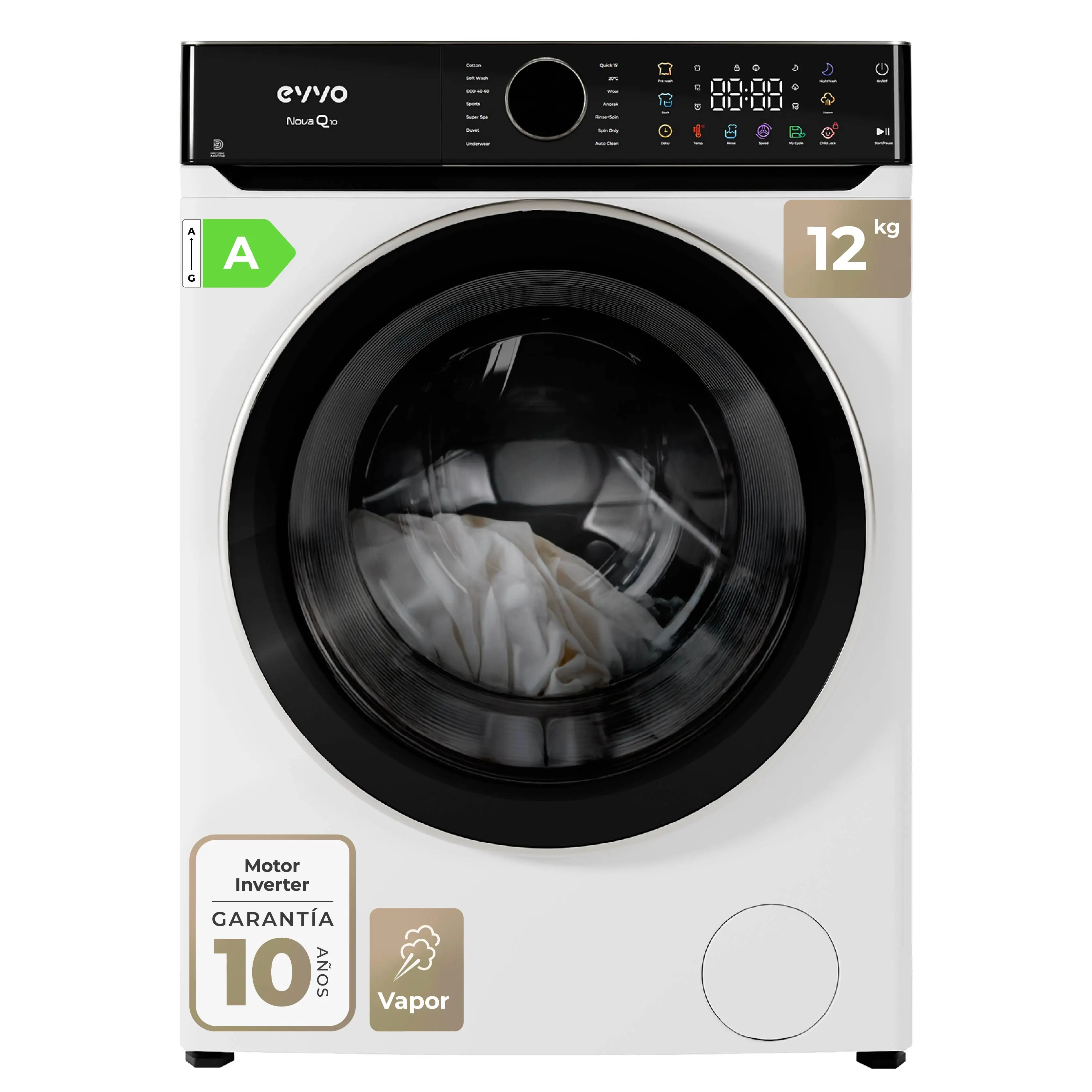 Evvo Lavadora 12 Kg Nova Q12, 1400 Rpm, Clase A, Motor Inverter Edrive, 14 Programas, Vapor Steam Wash, Lavado Rápido 15', Blanca , Leroy Merlin - Imagen 4