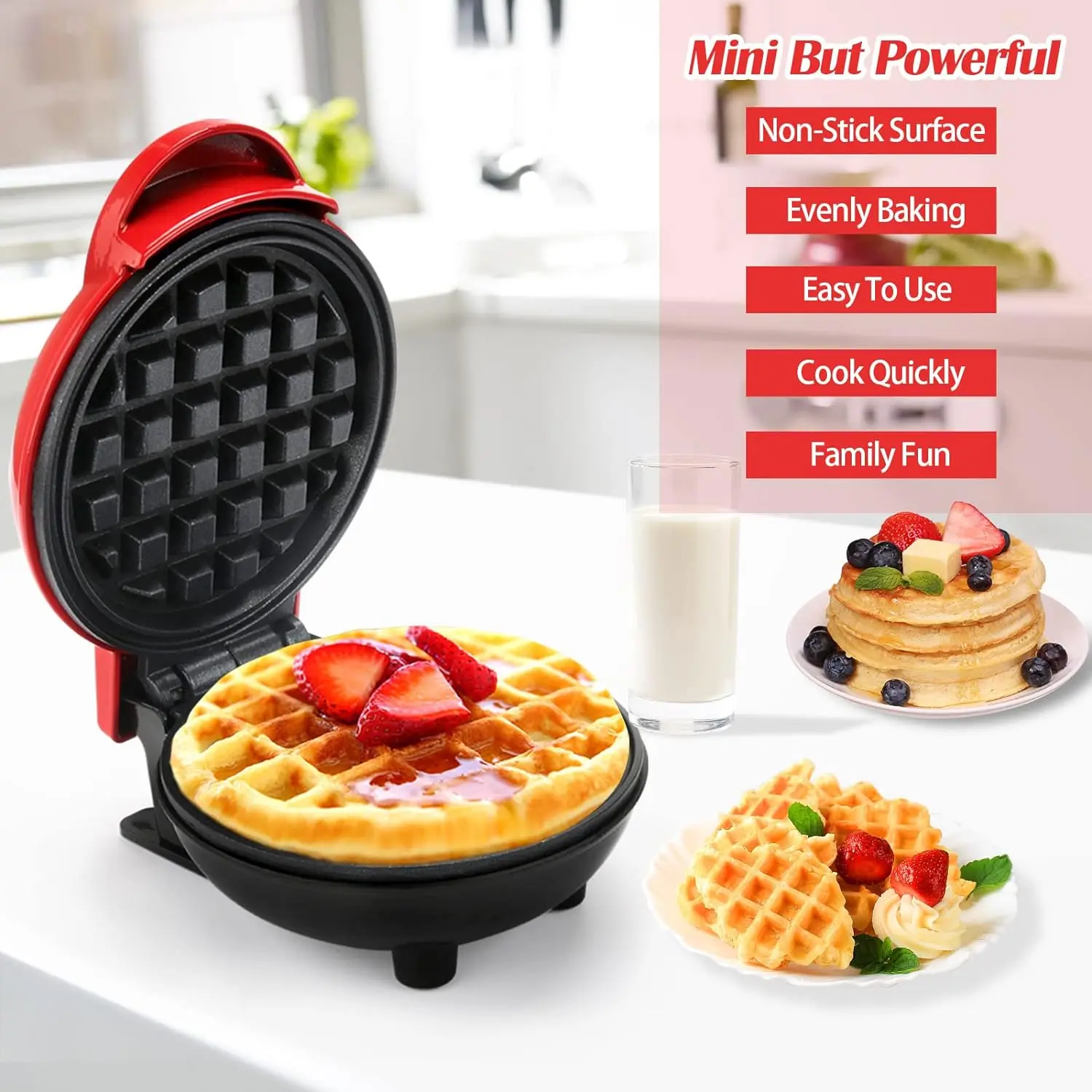 350W Mini Waffle Maker, single Waffle Maker, Waffle Maker, Waffle iron machine, non-stick, handle with cold touch, small automatic appliance for kitchen, family party celebration, pastry, cafeteria, Bar, red