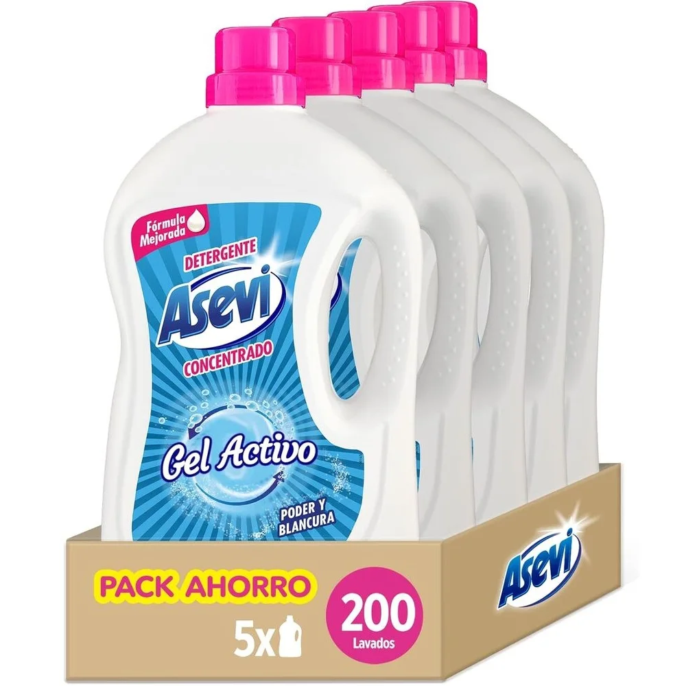 Asevi Detergente Gel Activo 40 Dosis, Pack Ahorro 5x40 Dosis Total 200 Lavados, Especial Blancos, Para Todo Tipo De Ropas, Mas Poder y Blancura En Tu Ropa