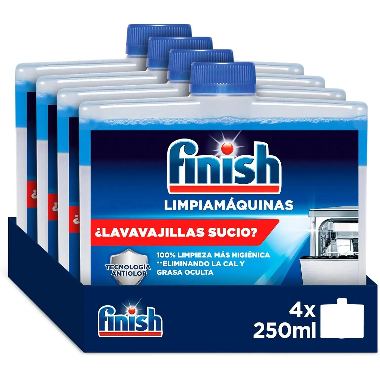 Finish Líquido para Lavavajillas, Limpia lavavajillas contra el mal olor, la cal y la grasa del lavaplatos, 250 ml x 4