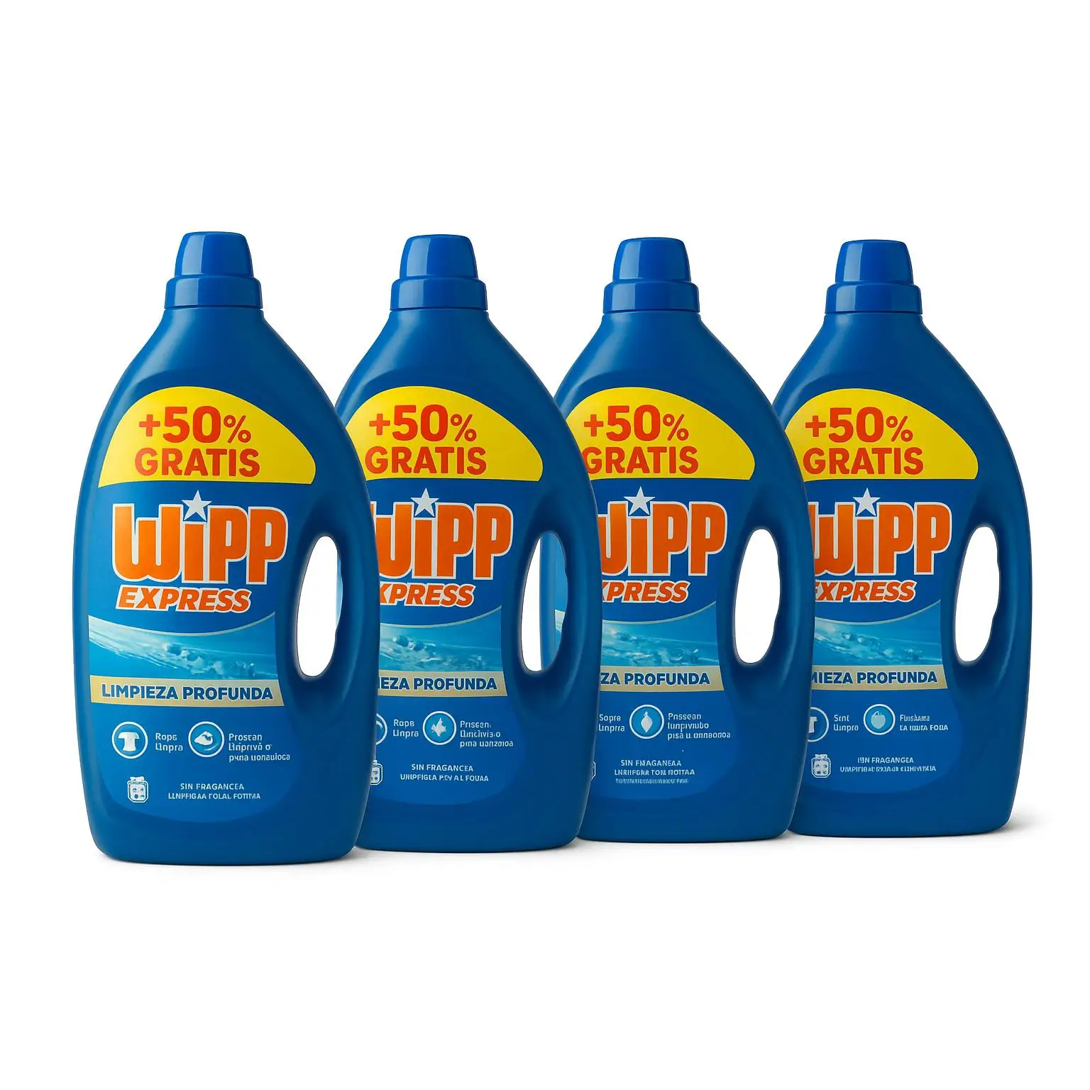 Wipp Express Limpieza Profunda | Pack 4 Botellas de 2,38L cada botella (53 Lavados c/u = 212 Lavados) +50% Gratis | Detergente Líquido Ropa Limpia y Fresca 4 Botellas para una limpieza efectiva y duradera.