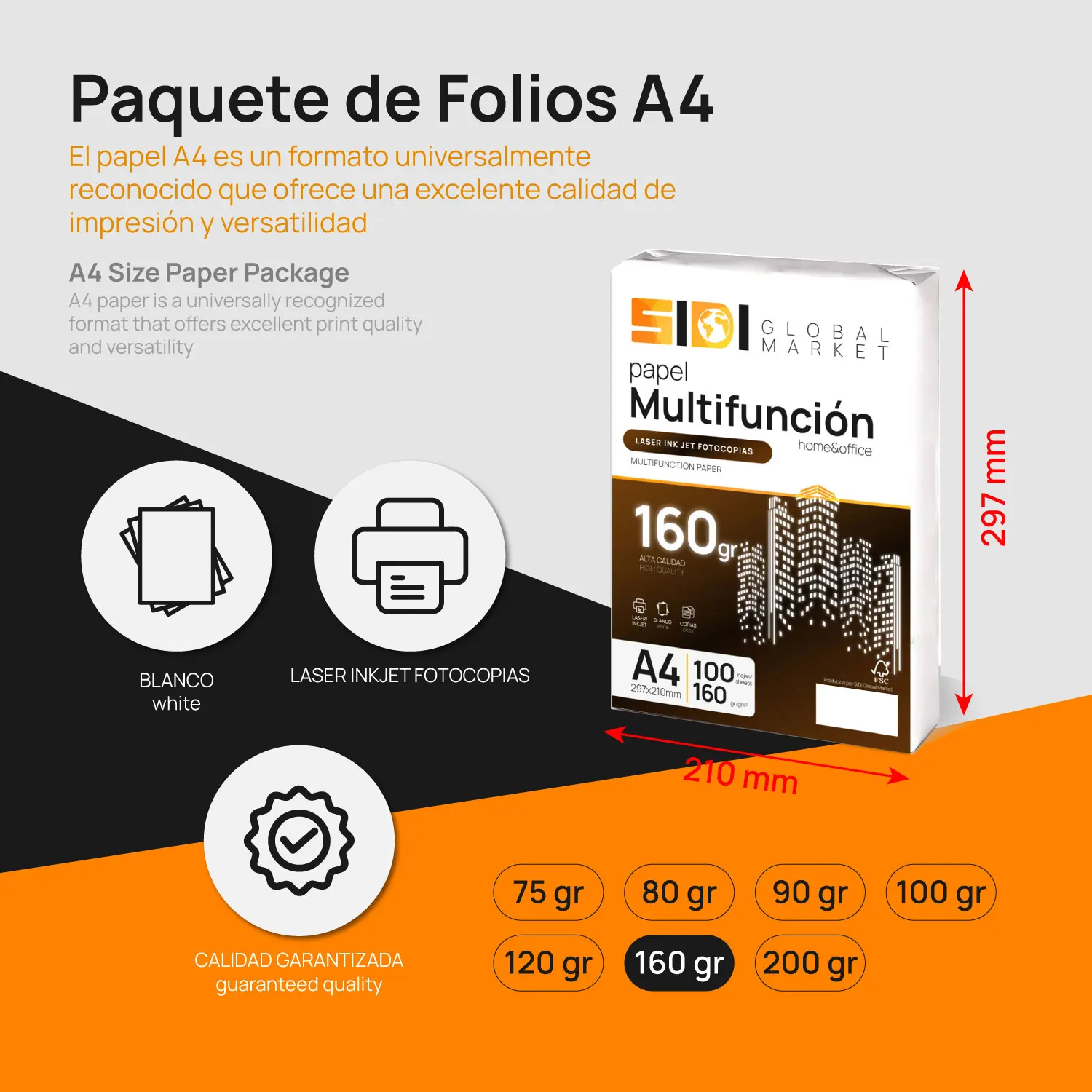 A4 paper A4 paper printer A4 Folios A4 80gr A4 Folios package for school, work or Personal use A4 Folios for photocopier and multipurpose A4 - SIDI Folios (100h, 160gr)