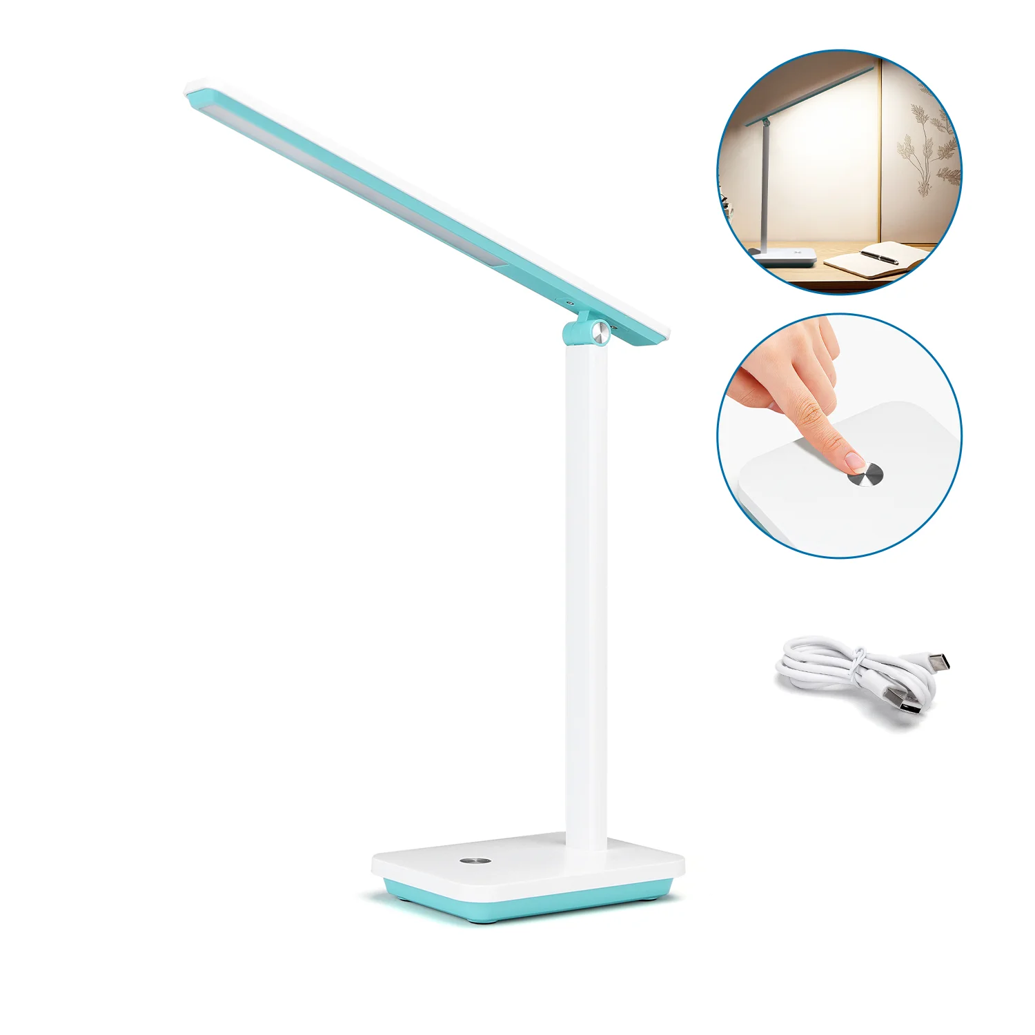 Aigostar lámpara escritorio LED,flexo de escritorio plegable con cable, puerto USB y tipo C, 3 modos y 4 niveles de brillo, función de memoria, flexible ajustable, control táctil, blanco-Verde