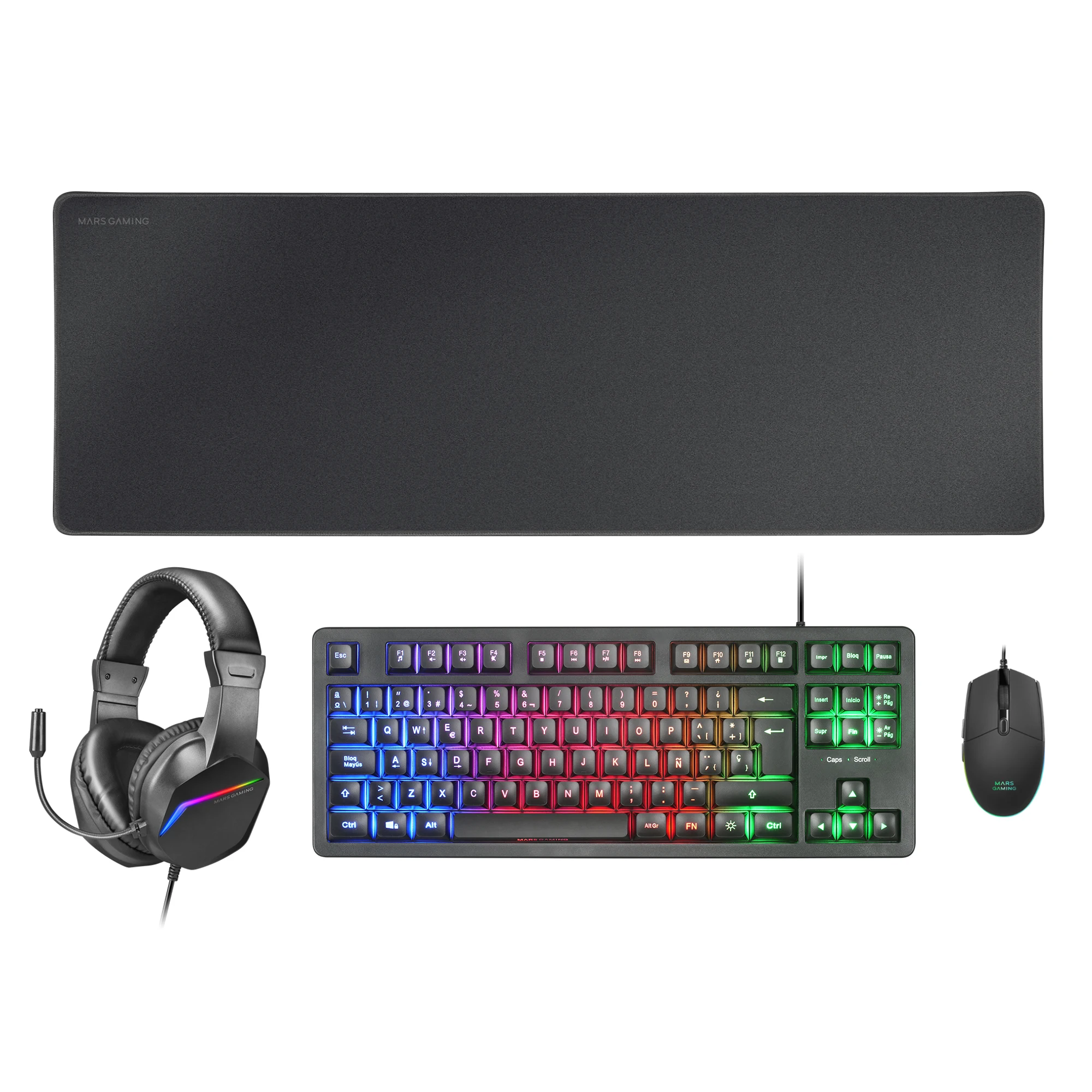 Mars Gaming MCP-RGB3, Pack Gaming Teclado Fixed RGB + Ratón Gaming RGB Flow 3200 DPI + Auriculares Over-Ear RGB + Alfombrilla XXL, Combo Gaming en Negro, Rosa o Blanco y con Idioma Español, Francés o