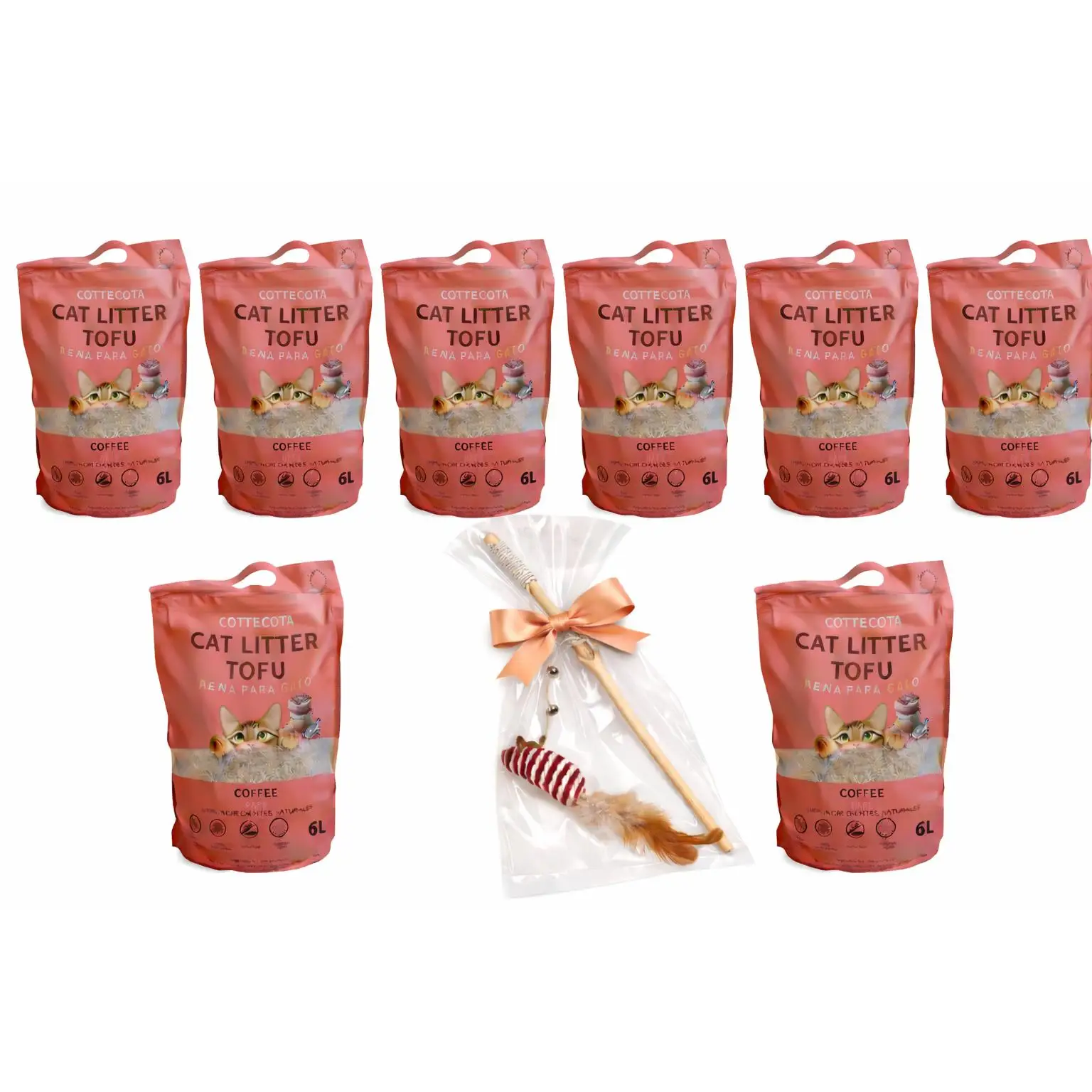 NONE Pack 8 Arena para Gato Tofu Cottecota Café 6 L + Vara Juguete (Color Aleatorio)