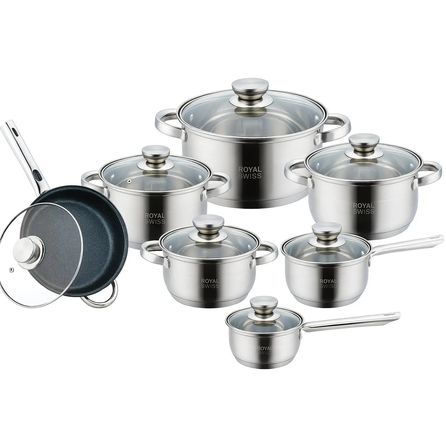 Royal Swiss - Set de Ollas de Acero Inoxidable de 12 Piezas - Un Arsenal Completo para Tu Cocina
